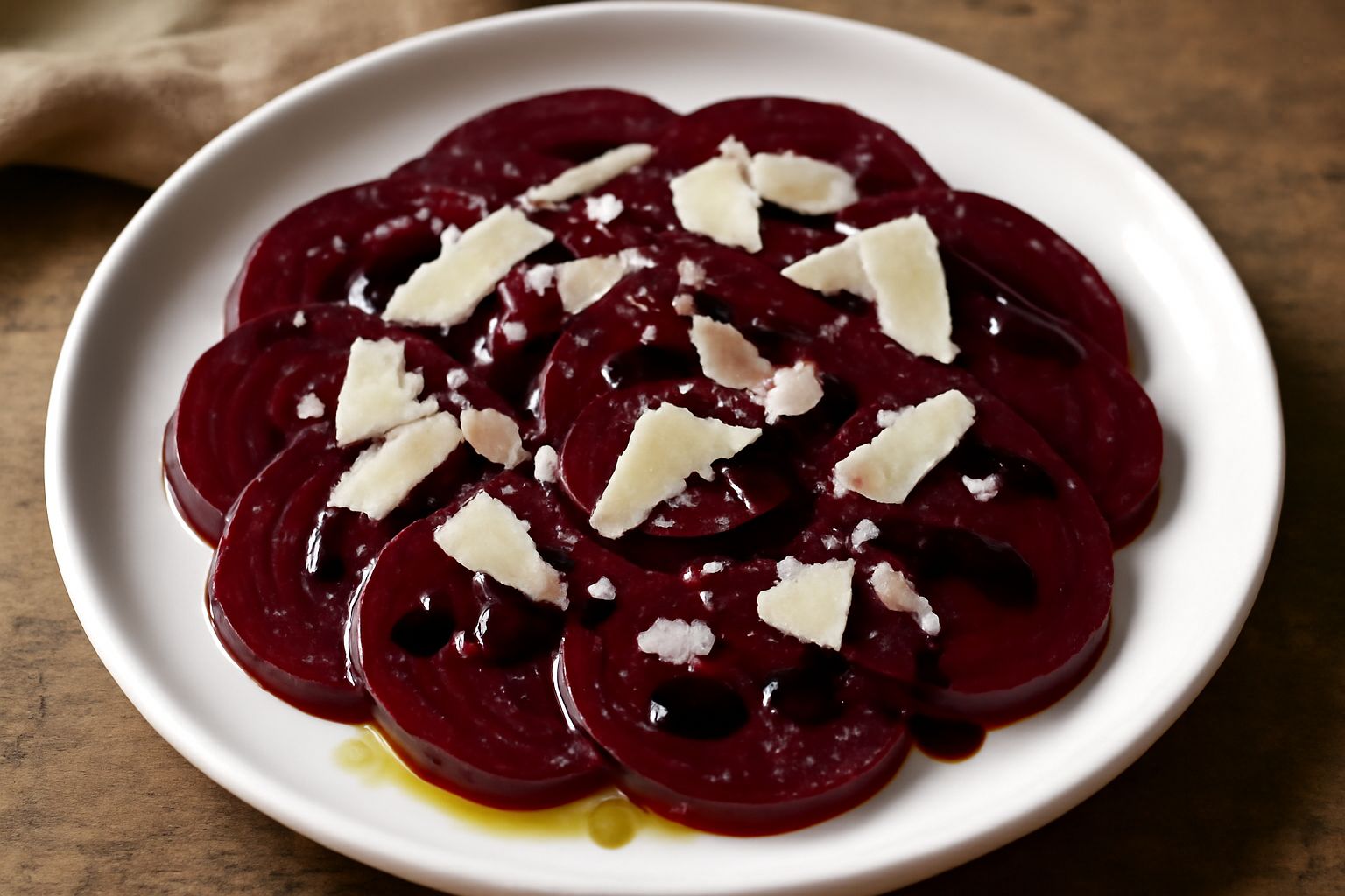 Insalata di barbabietole viola-rosse tagliate a fette sottili, disposte a ventaglio su un piatto bianco, condite con gocce di olio brillante e aceto balsamico scuro, guarnite con scaglie di parmigiano