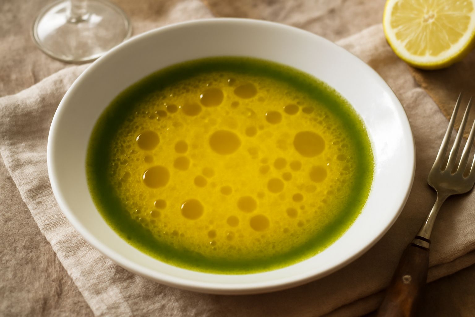 Ciotola di vetro trasparente con olio extravergine d'oliva giallo-dorato e succo di limone fresco, gocce di olio sulla superficie, fondo neutro bianco