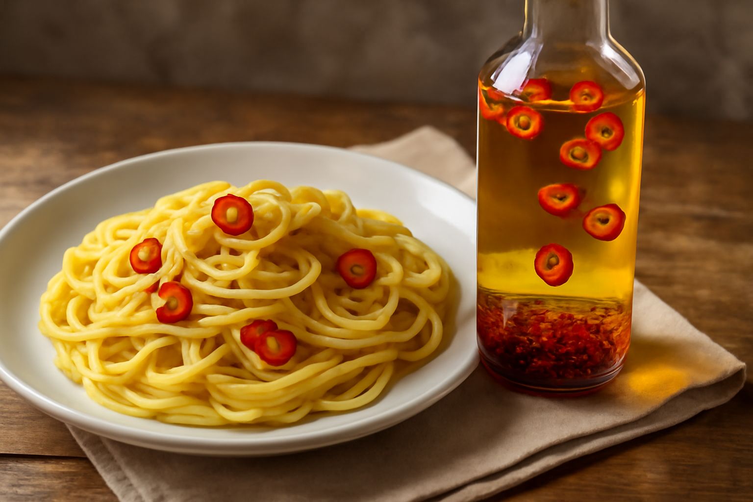 Bottiglia di vetro trasparente riempita di olio dorato con peperoncini rossi interi e affettati, una fetta di peperoncino fresco appoggiata accanto, luce naturale che illumina il condimento