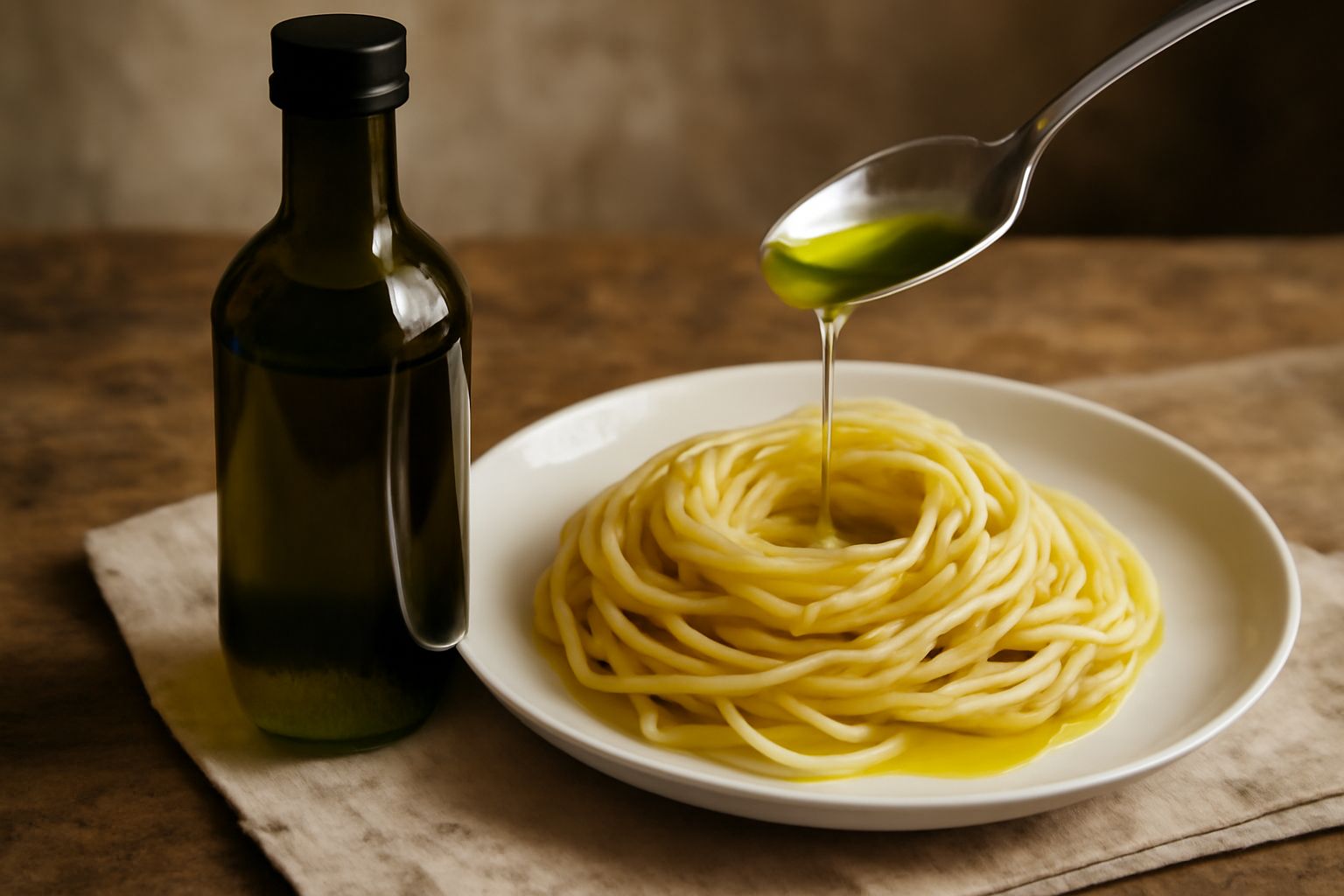 Bottiglia di vetro scuro con olio extravergine di oliva color verde-dorato, accanto a un rametto di olivo con foglie, su sfondo di marmo bianco con gocce d'olio