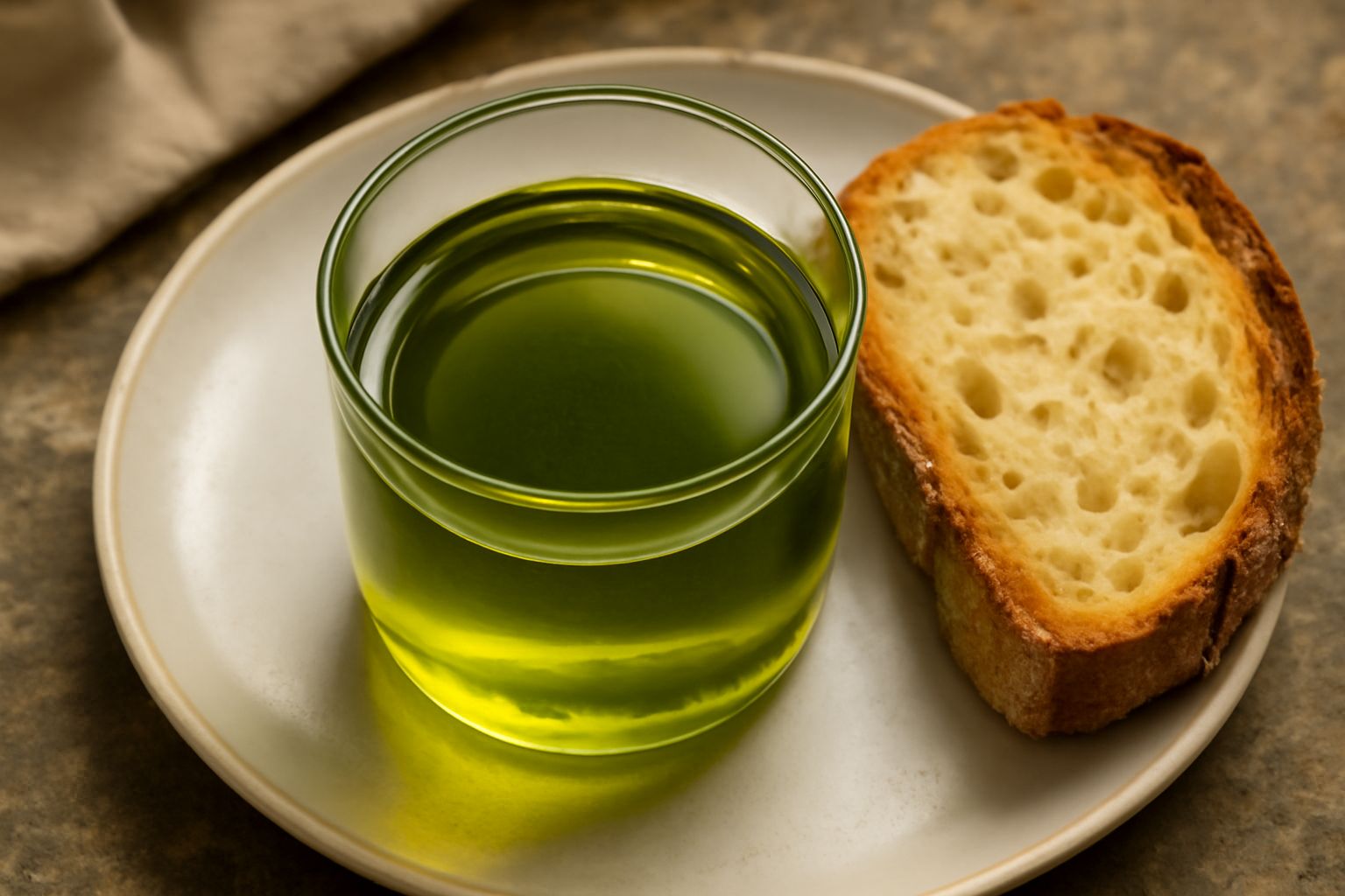Bottiglia di vetro scuro con olio extravergine di oliva piacentino, accanto a un piatto bianco con pane tostato e un rametto di olivo fresco su fondo di legno chiaro