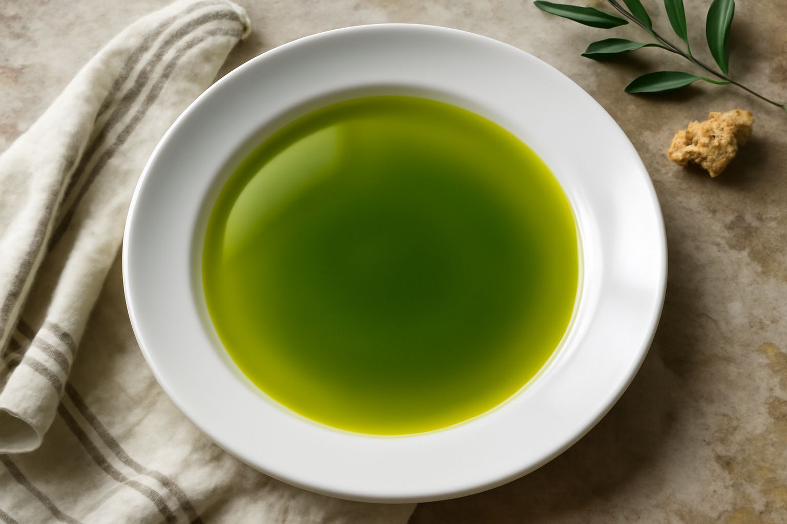 Bottiglia di olio extravergine di oliva Piceno DOP con etichetta ufficiale, accanto un bicchiere di vetro che contiene olio trasparente dal colore verde-dorato, su tavolo di legno chiaro con rami di o