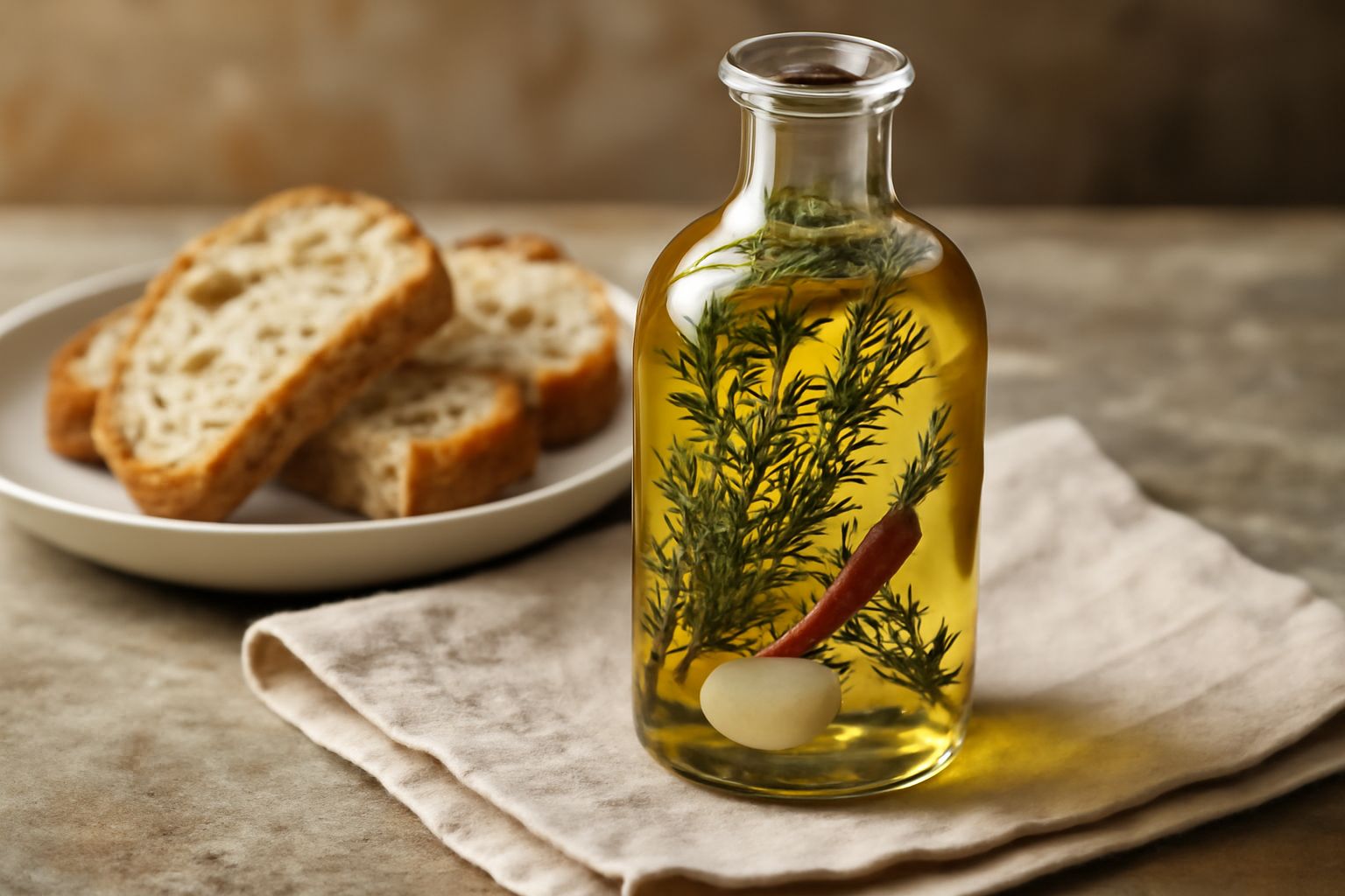 Bottiglia di vetro scuro con olio dorato trasparente, dentro rami di rosmarino e timo fresco, aglio sbucciato e peperoncino rosso intero, poggiata su piano di legno bianco con foglie di basilico accan