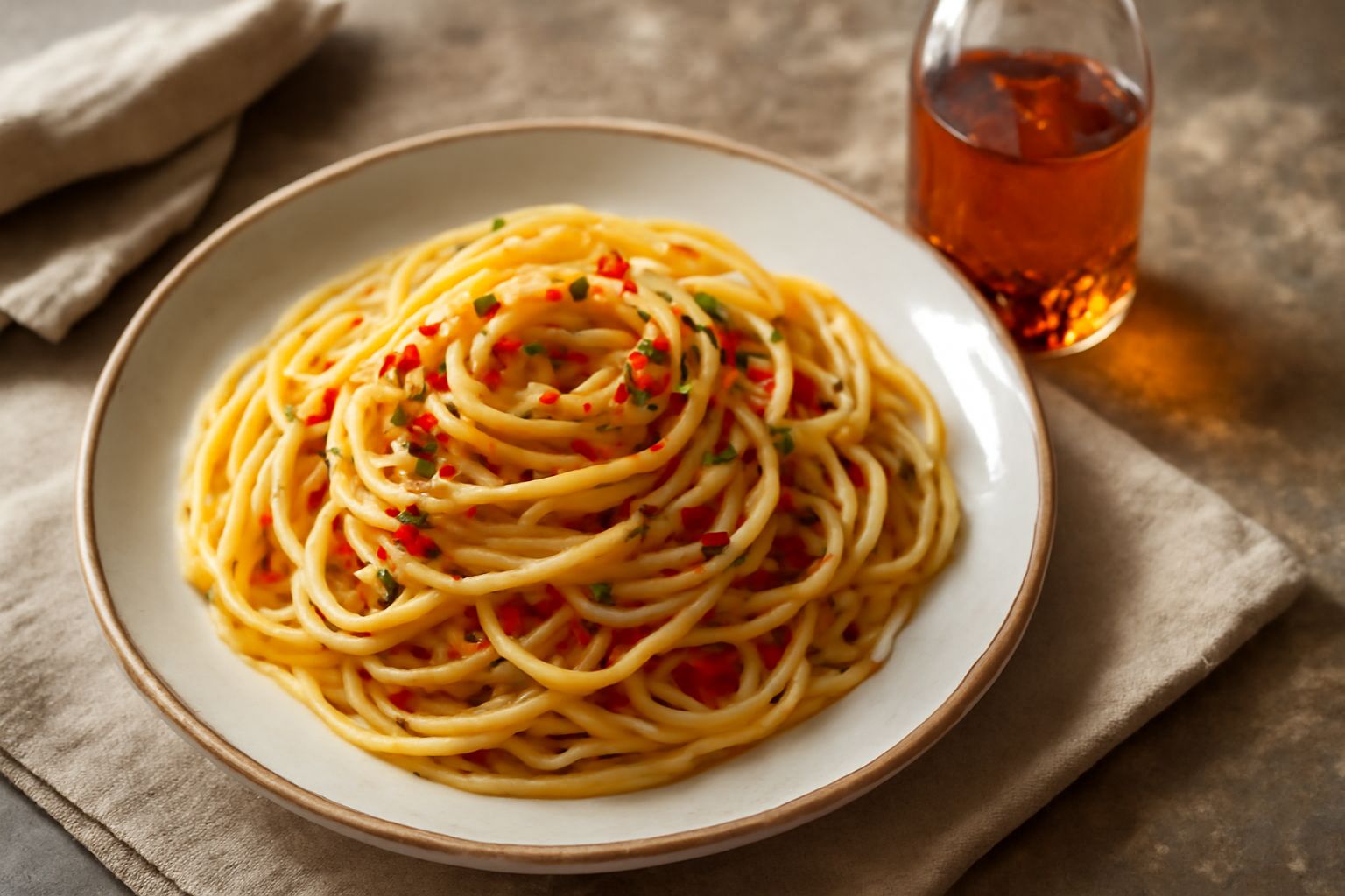 Bottiglia di vetro trasparente con olio dorato che contiene peperoncini rossi interi e affettati, su sfondo bianco con un cucchiaio di legno accanto