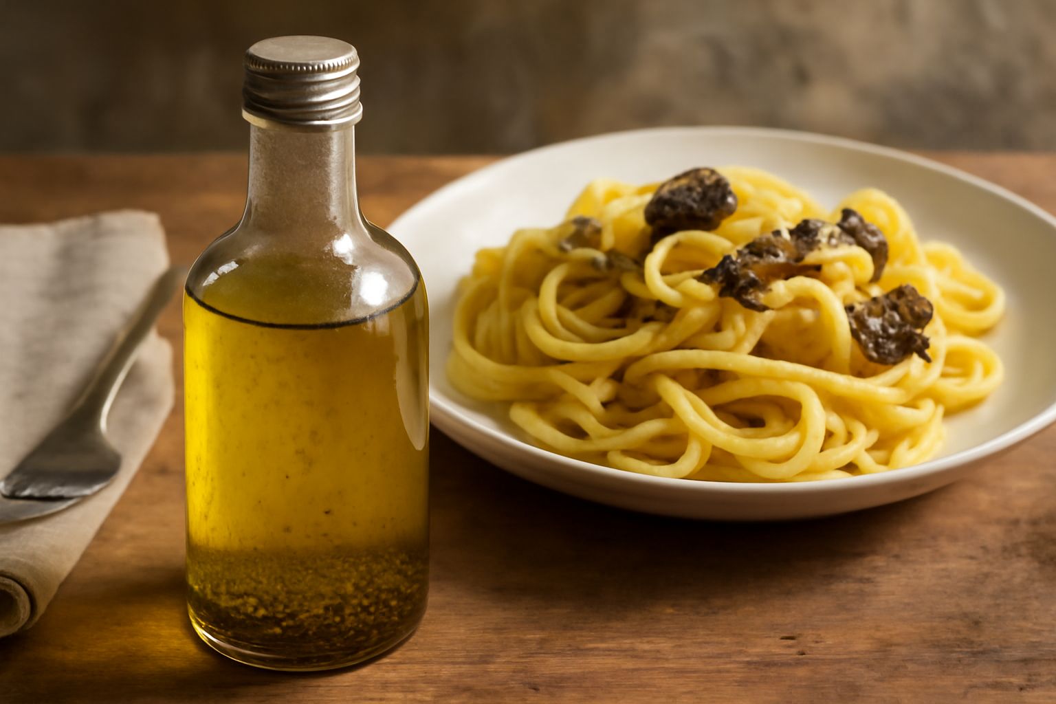Una bottiglia di vetro scuro contenente olio dorato con frammenti di tartufo nero visibili sul fondo, chiusa con tappo di sughero, su un piano di legno scuro