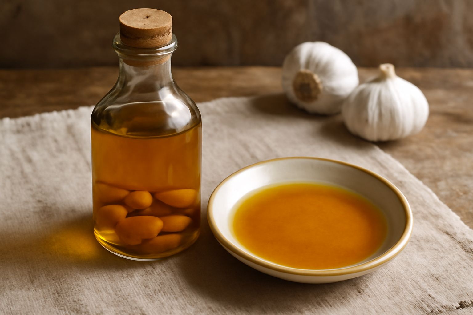 Olio extravergine trasparente con tonalità ambrate, contenente spicchi d'aglio intero e leggermente brunito, in bottiglia di vetro trasparente su fondo chiaro