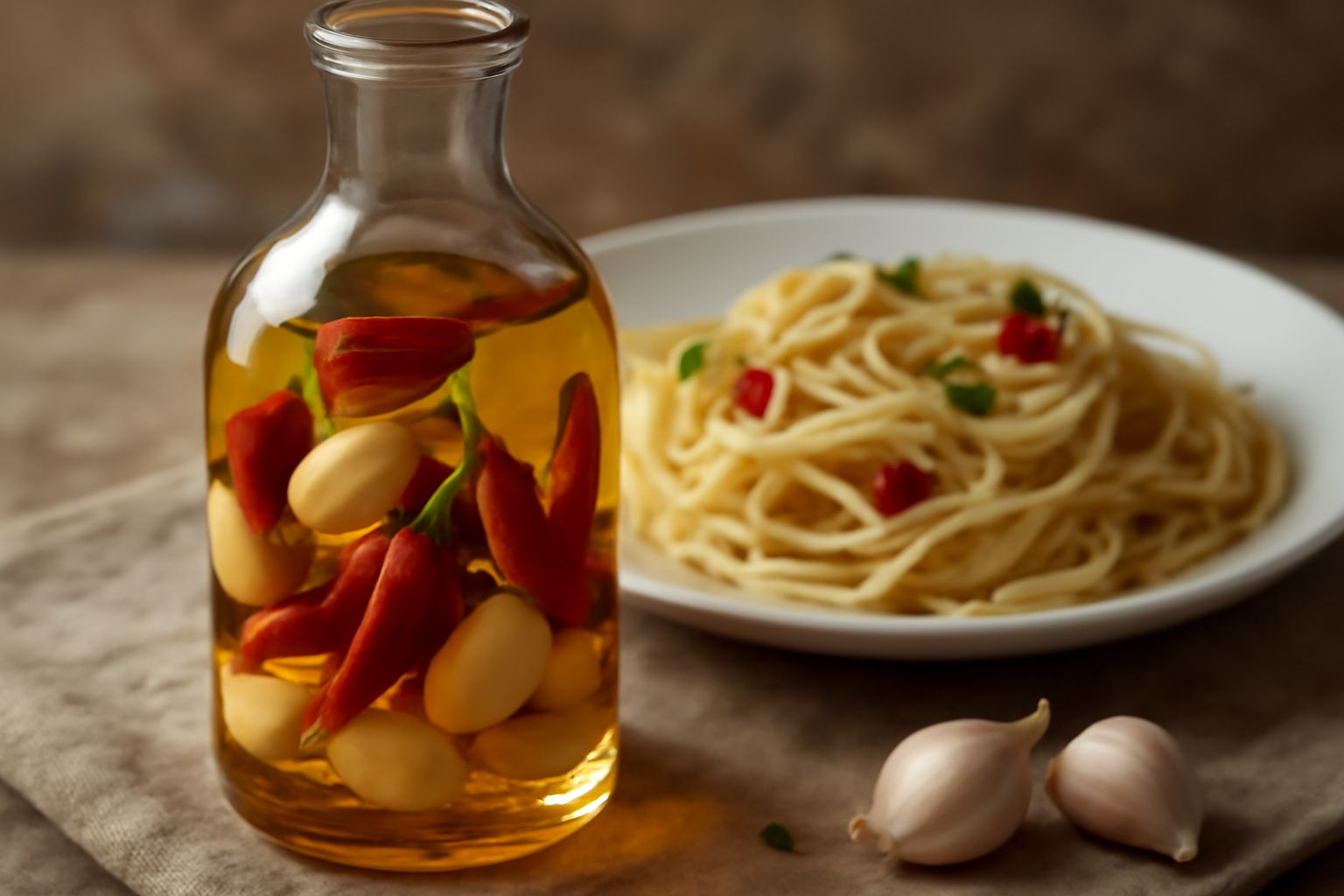 Bottiglia di vetro trasparente con olio dorato e dentro spicchi d'aglio e peperoncini rossi interi, su fondo bianco con poche gocce d'olio accanto