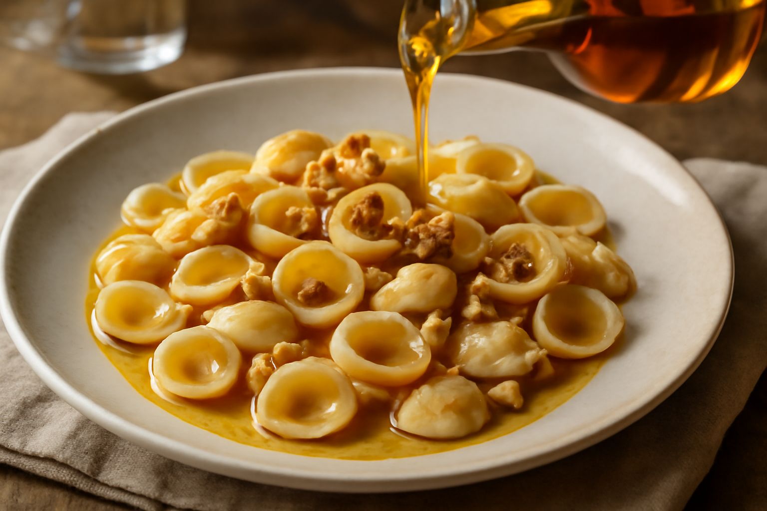 Bottiglia scura di olio di noce con liquido ambrato, circondata da noci sgusciate intere e spezzate su fondo di legno chiaro, con cucchiaio di legno accanto