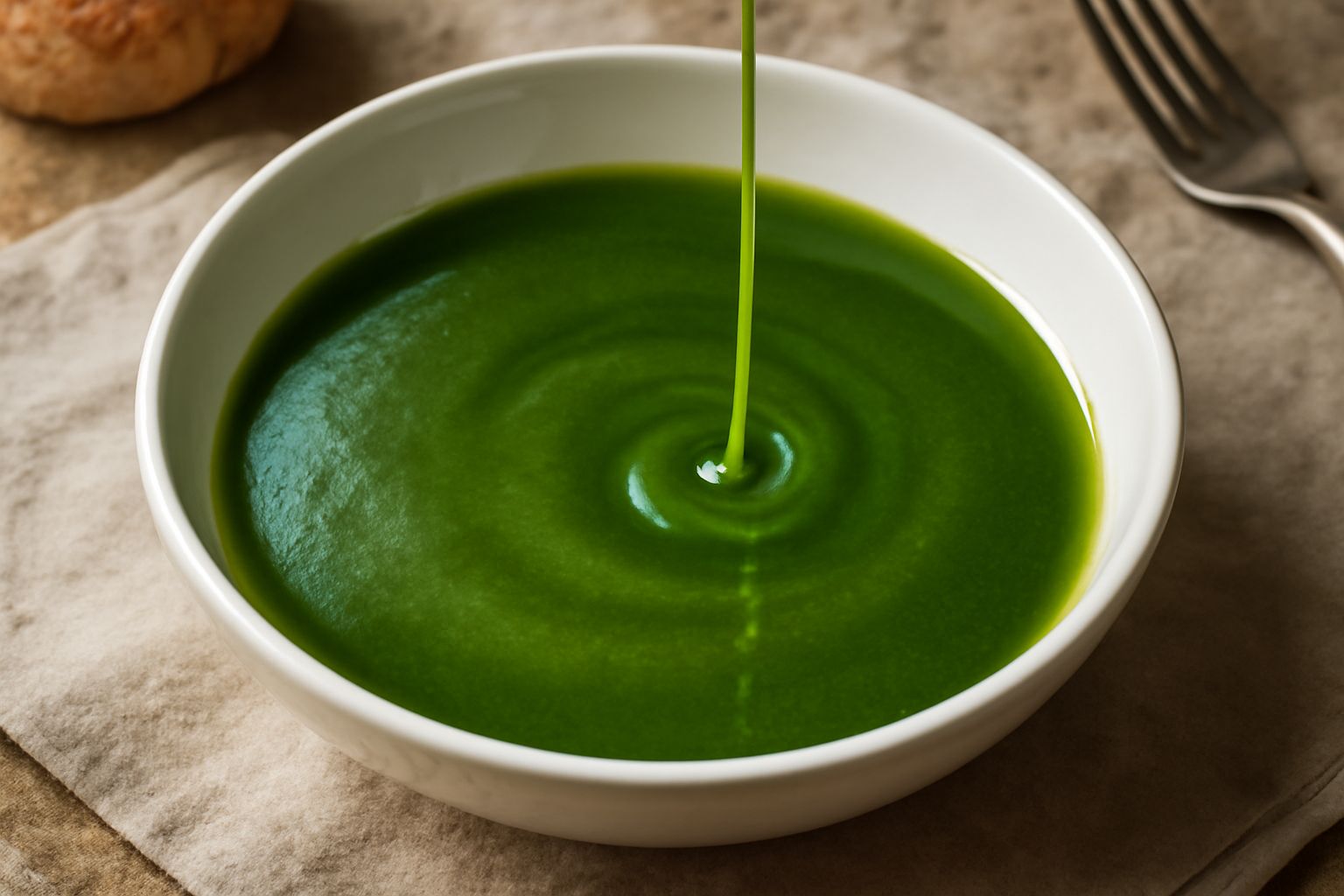 Olio nuovo di colore verde intenso versato in una ciotola bianca, con foglie di olivo fresche accanto e una bottiglia di vetro scuro sullo sfondo