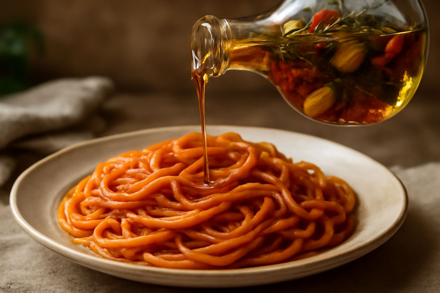 Bottiglia di vetro trasparente con olio d'oliva ambrato infuso con rametti di rosmarino, foglie di basilico, spicchi d'aglio bianco e peperoncini rossi interi, appoggiata su un tavolo di legno bianco 