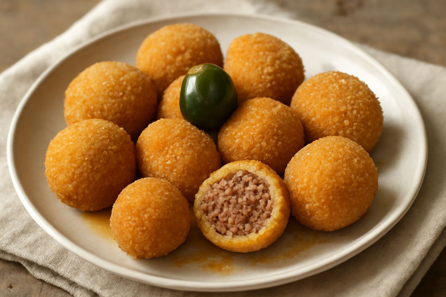 Olive ascolane dorate e croccanti impilate su un piatto bianco, tagliate a metà per mostrare il ripieno di carne trita, circondate da una salsa rossa leggera