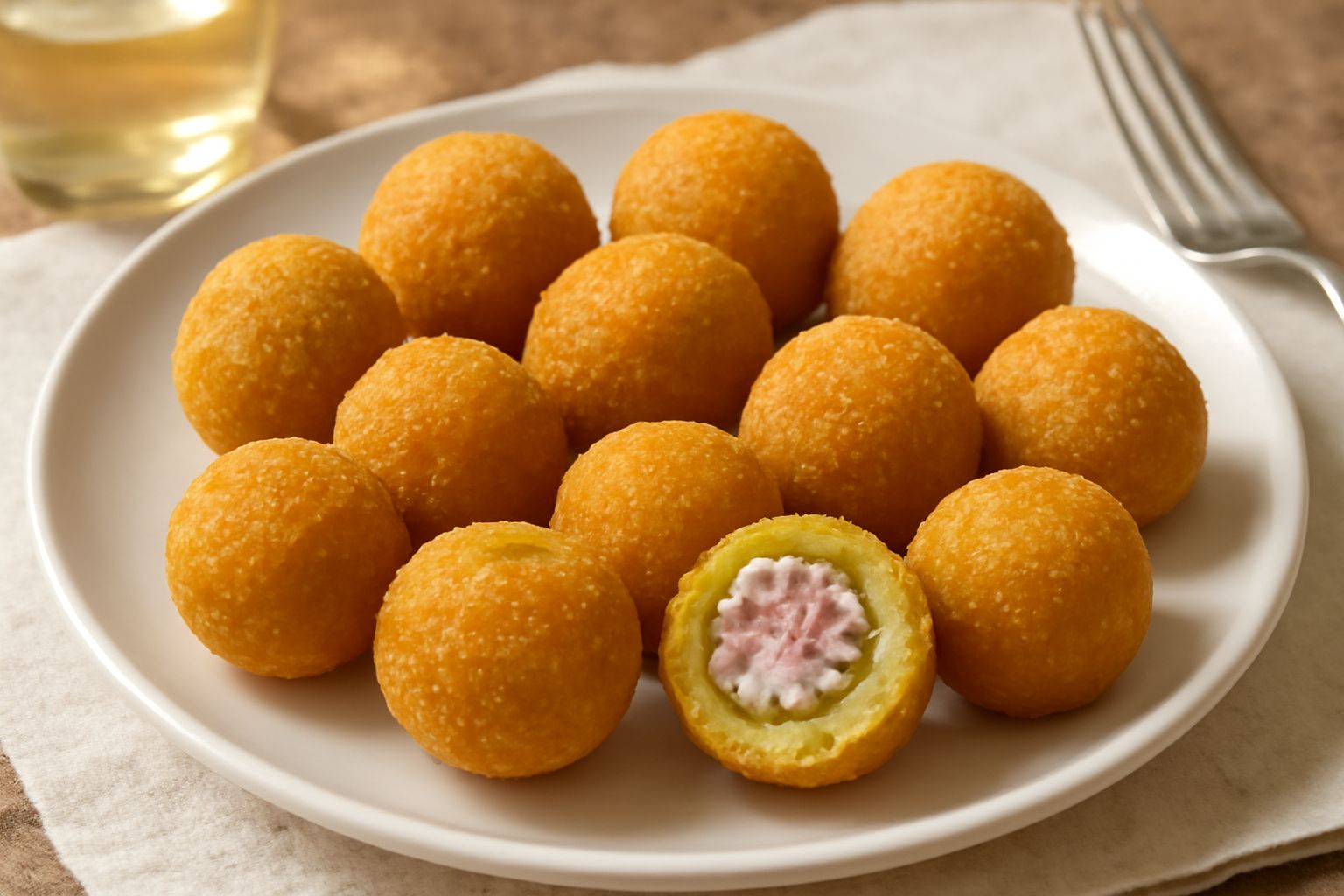 Olive riempiene ascolane dorate e croccanti su un piatto bianco, tagliate a metà per mostrare il ripieno di carne e formaggio, light back
