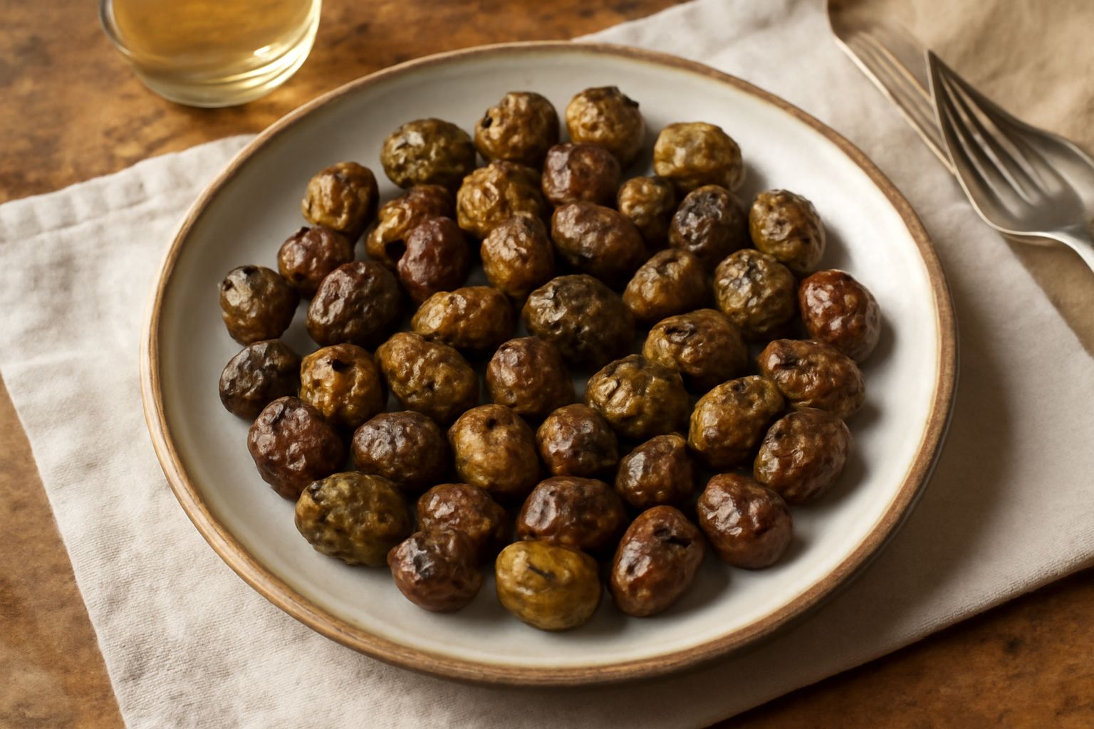 Olive nere e verdi appena sfornate in una ciotola di ceramica bianca, ancora fumanti, cosparse di sale grosso e rosmarino fresco, con buccia lucida e uniforme