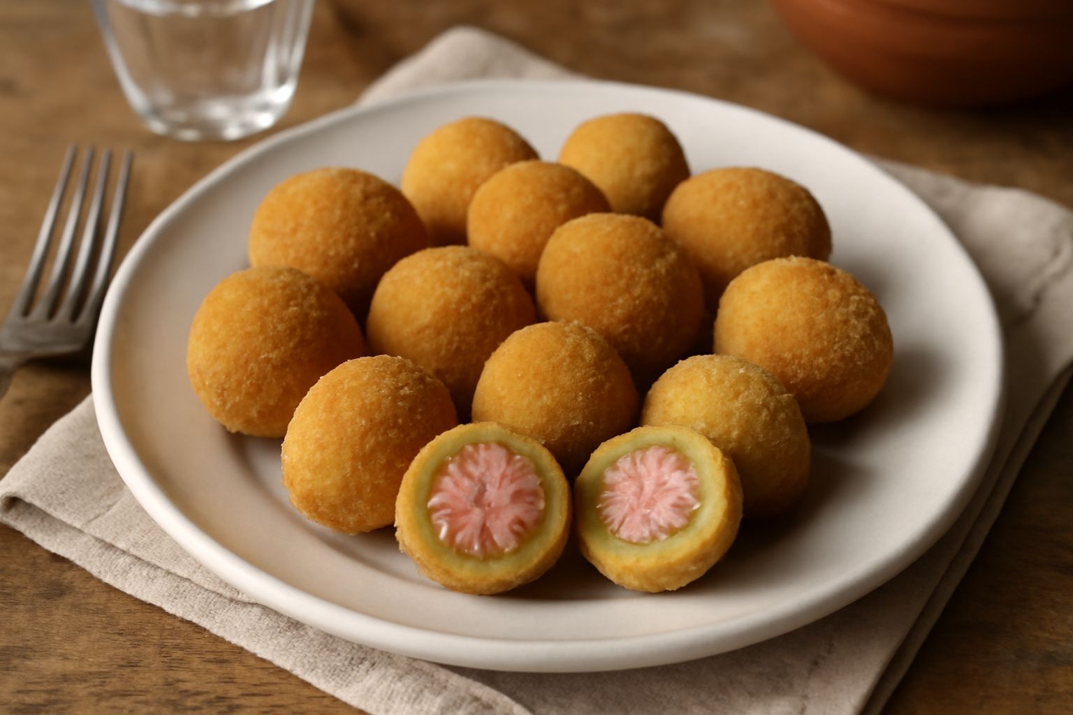 Olive all'ascolana dorate e croccanti appoggiate su carta bianca assorbente, tagliate a metà per mostrare il ripieno di carne macinata all'interno, con una foglia di prezzemolo a guarnizione