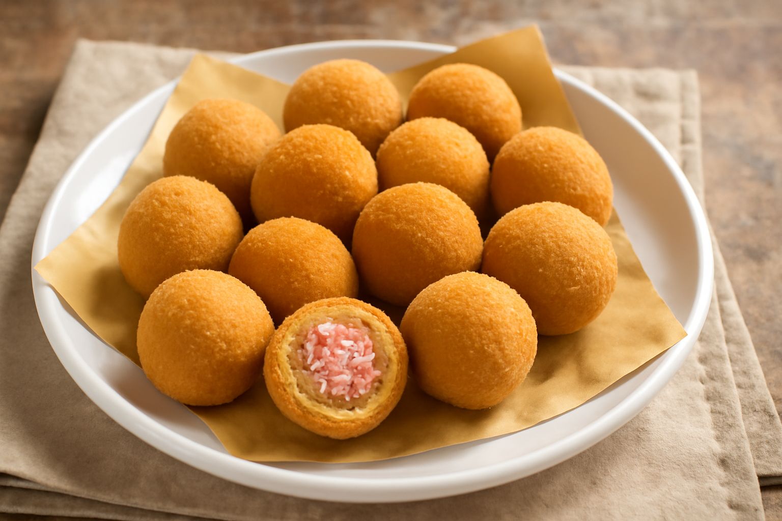 Olive all'ascolana fritte dorate e croccanti disposte su carta assorbente bianca, tagliate a metà per mostrare il ripieno di carne sminuzzata all'interno, con contorno di limone fresco