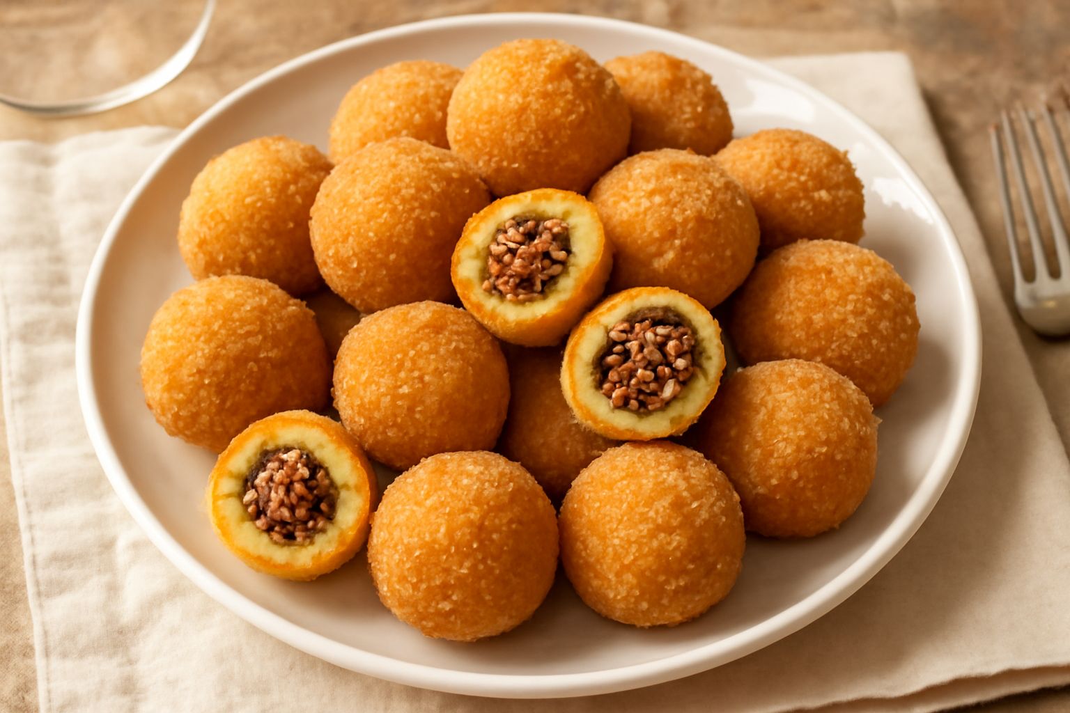 Otto olive fritte color dorato su piatto bianco, tagliate a metà per mostrare il ripieno di ragù rosso-marrone all'interno, contornate da una foglia di prezzemolo fresco