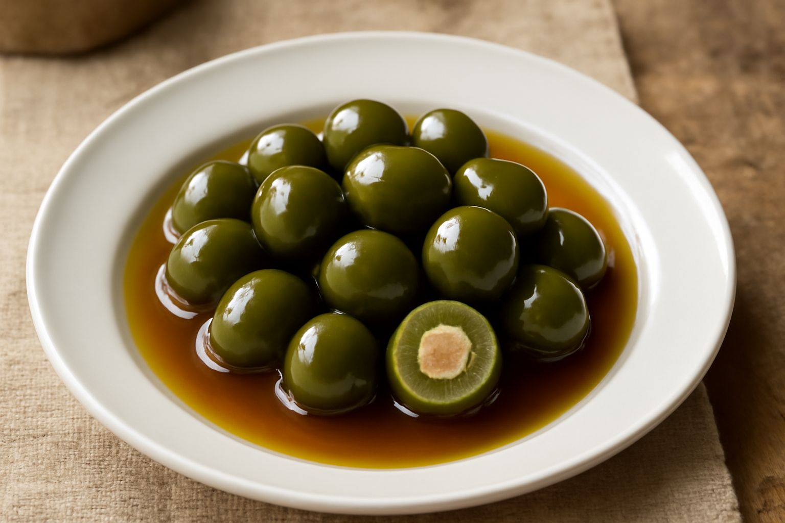 Olive verdi lucide sott'olio in un vasetto di vetro, taglio trasversale che mostra il ripieno di carne beige all'interno, con foglie di alloro e peperoncino rosso accanto