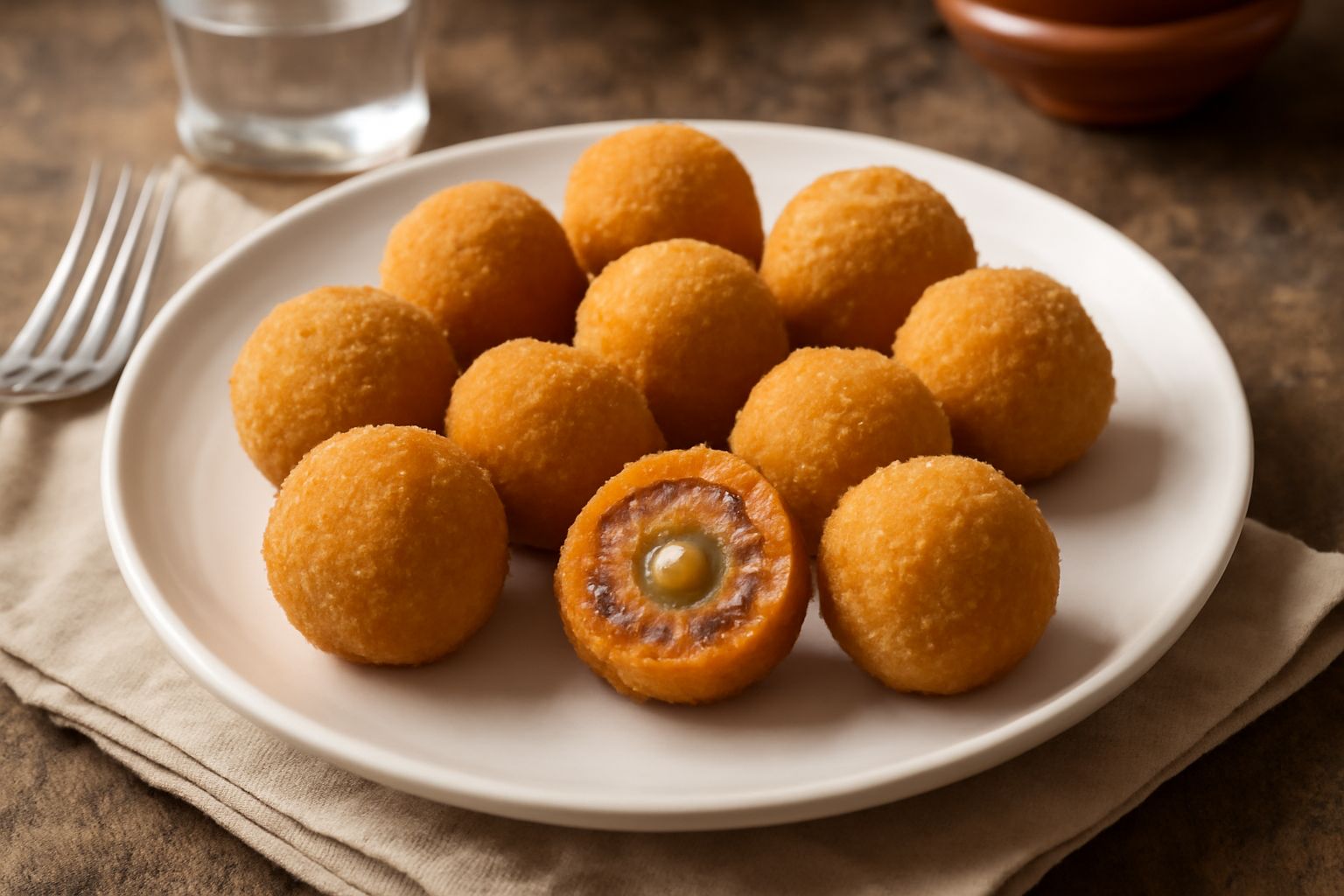 Quattro olive ascolane dorate e croccanti poggiate su carta assorbente bianca, tagliate a metà per mostrare il ripieno di carne rosa e pangrattato dorato all'interno