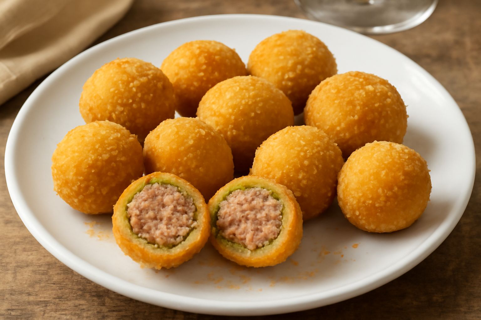 Olive ascolane fritte disposte su un piatto bianco, dorate e croccanti, tagliate a metà per mostrare il ripieno di carne macinata e pangrattato all'interno, con una leggera pellicola lucida d'olio