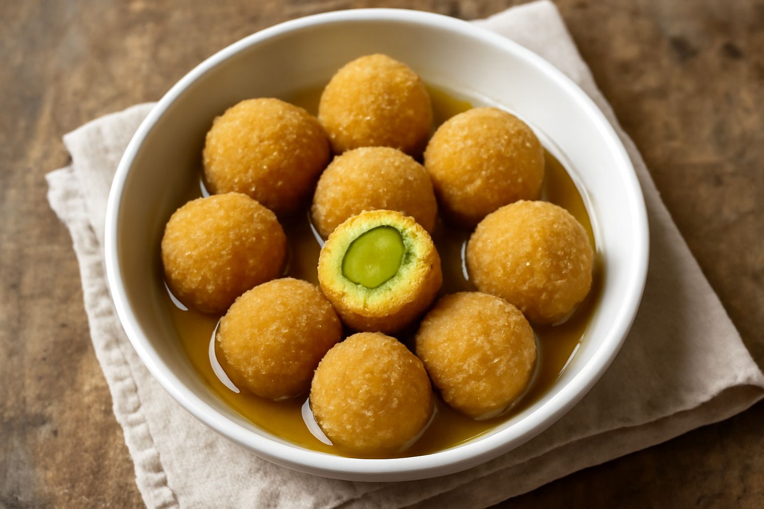 Olive ascolane dorate e croccanti disposte in una ciotola bianca con marinatura trasparente, aceto, rametti di rosmarino e peperoncini rossi intorno