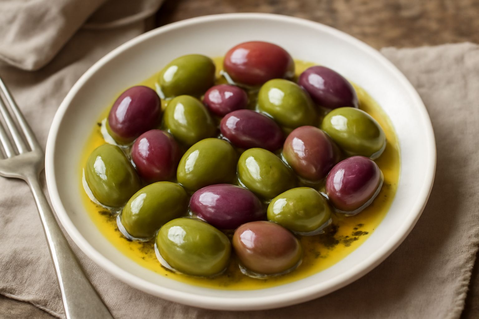 Barattolo di vetro trasparente con olive ascolane intere, verdi e violacee, immerse in olio trasparente, con foglie di alloro e peperoncini rossi visibili, su un tavolo di legno chiaro