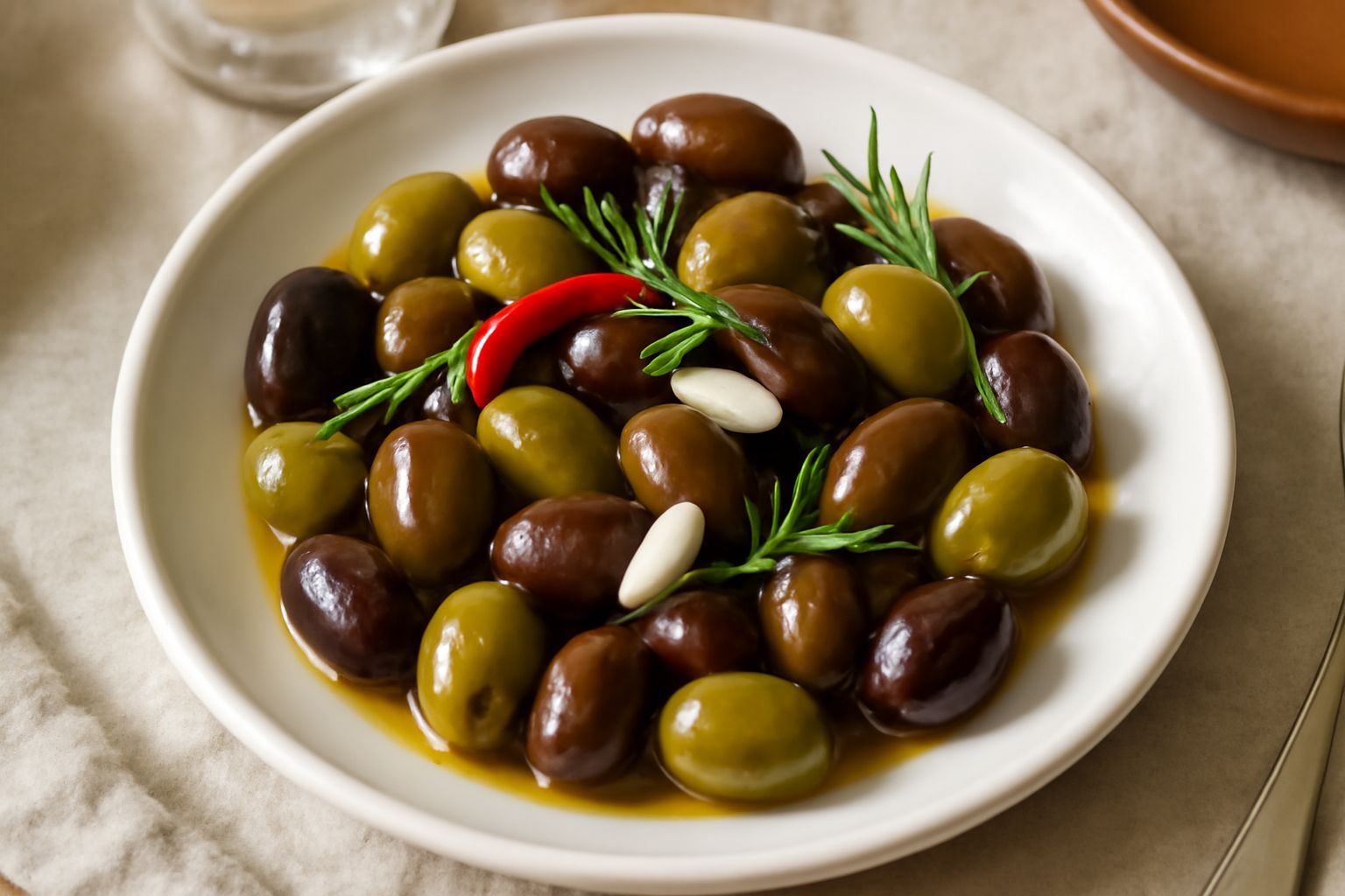 Ciotola di vetro con olive nere e verdi condite con rosmarino fresco, aglio affettato e olio, su un piano di legno bianco accanto a un ramo di rosmarino
