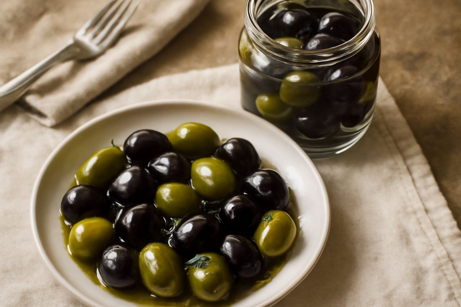 Olive verdi e nere conservate in barattoli di vetro trasparente con aceto, sale e rametti di rosmarino, poste su uno scaffale di legno chiaro