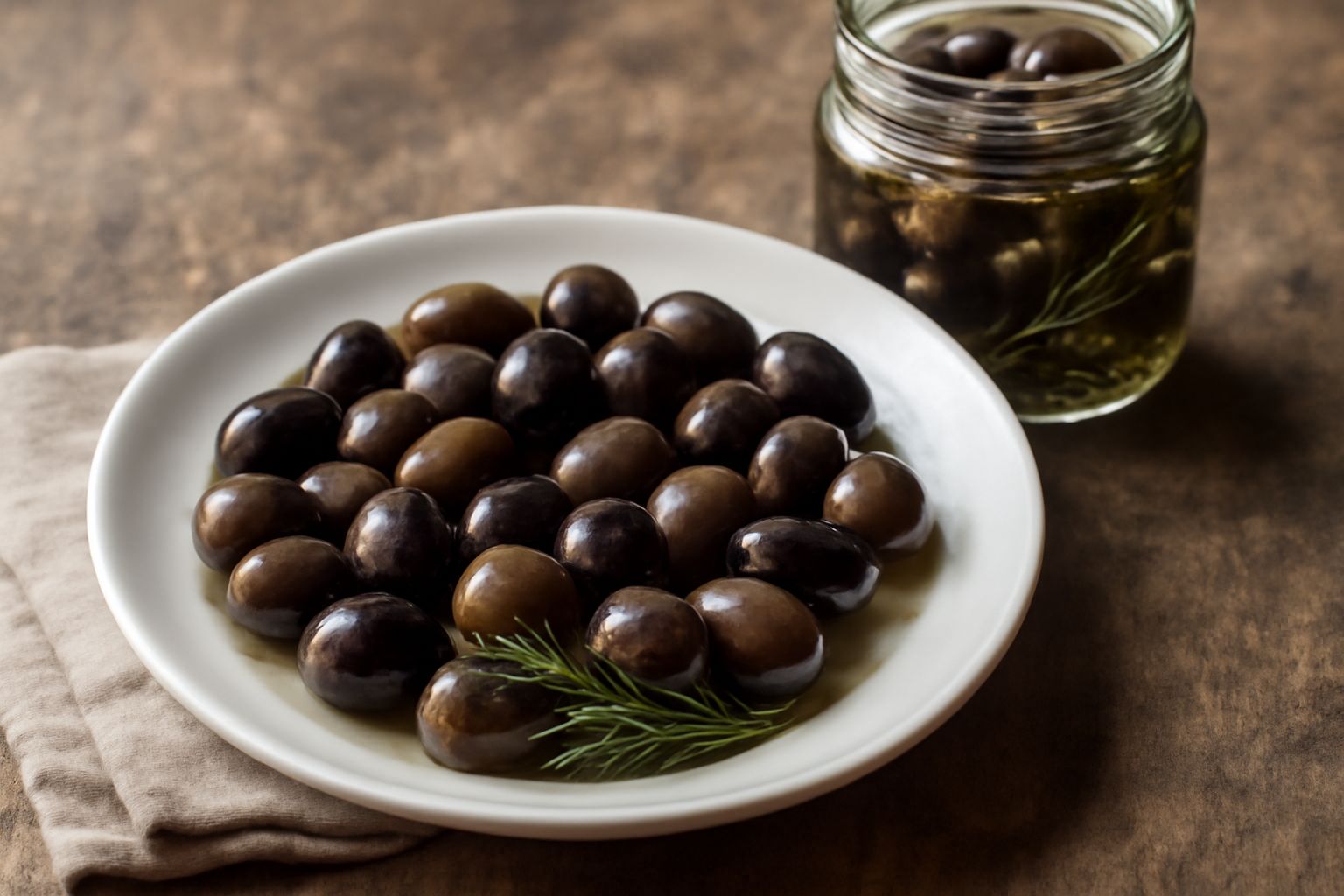 Vasetto di vetro trasparente pieno di olive nere e verdi immerse in liquido salato trasparente, con rametti di rosmarino e una fetta di limone galleggianti, sfondo bianco