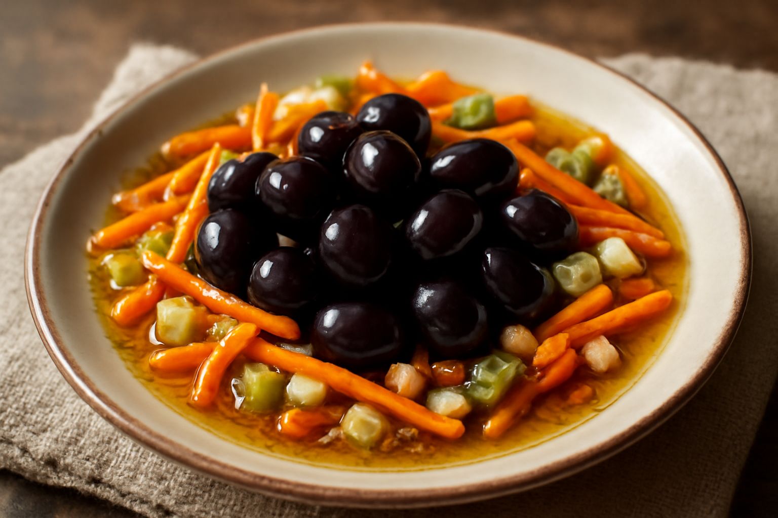 Olive nere condite con fettine di carota arancione, pezzetti di sedano bianco e spicchi di aglio in un piatto bianco, coperte di olio verdastro e fili di peperoncino rosso fresco