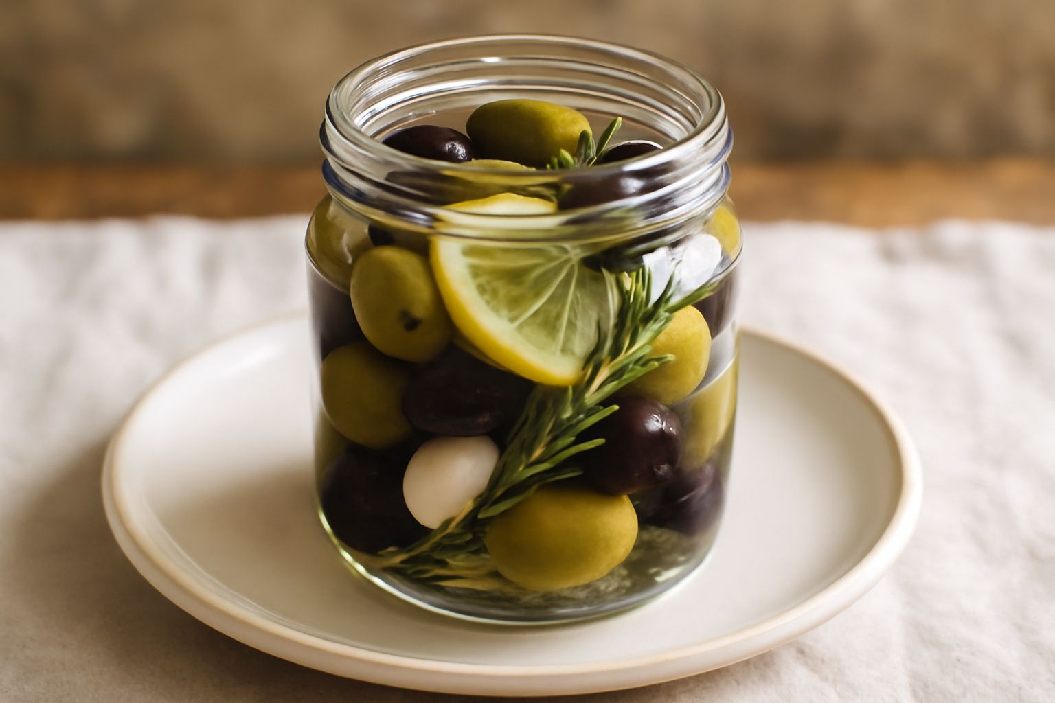 Vasetto di vetro trasparente contenente olive verdi e nere conservate in salamoia limpida, con rametti di rosmarino e aglio affettato visibile all interno, posato su un tavolo di legno scuro con luce 