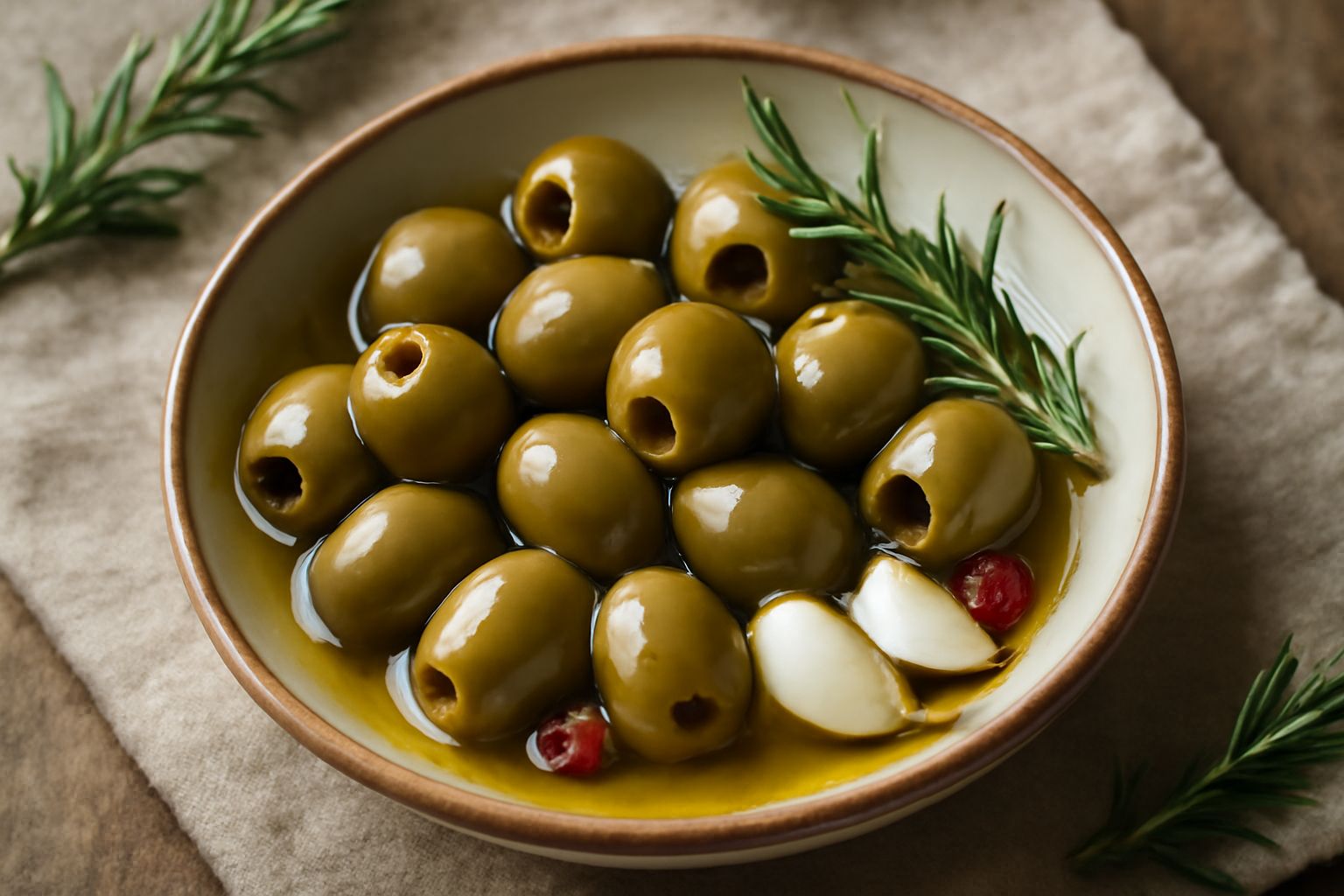 Olive verdi denocciolate in un barattolo di vetro con olio dorato, spicchi d'aglio, rosmarino fresco e peperoncini rossi, su sfondo bianco con luce naturale