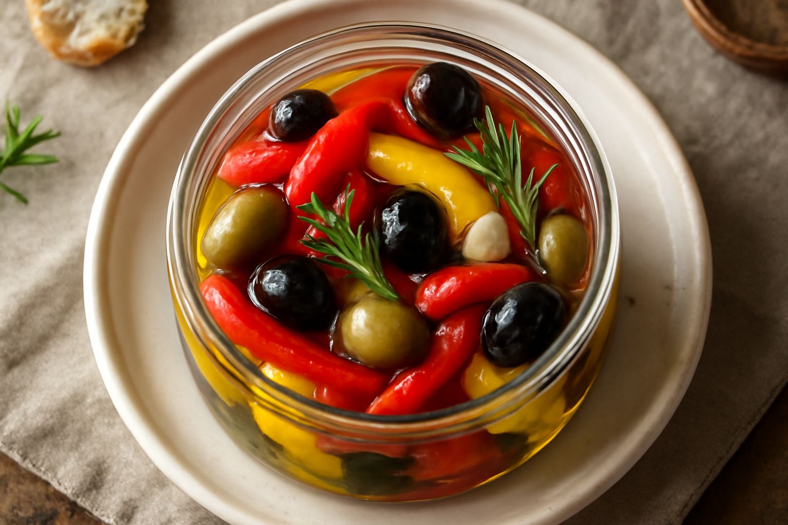 Barattolo di vetro con peperoni rossi, gialli e verdi affettati e olive nere e verdi immerse in olio d'oliva trasparente, con erbe aromatiche visibili, su fondo bianco