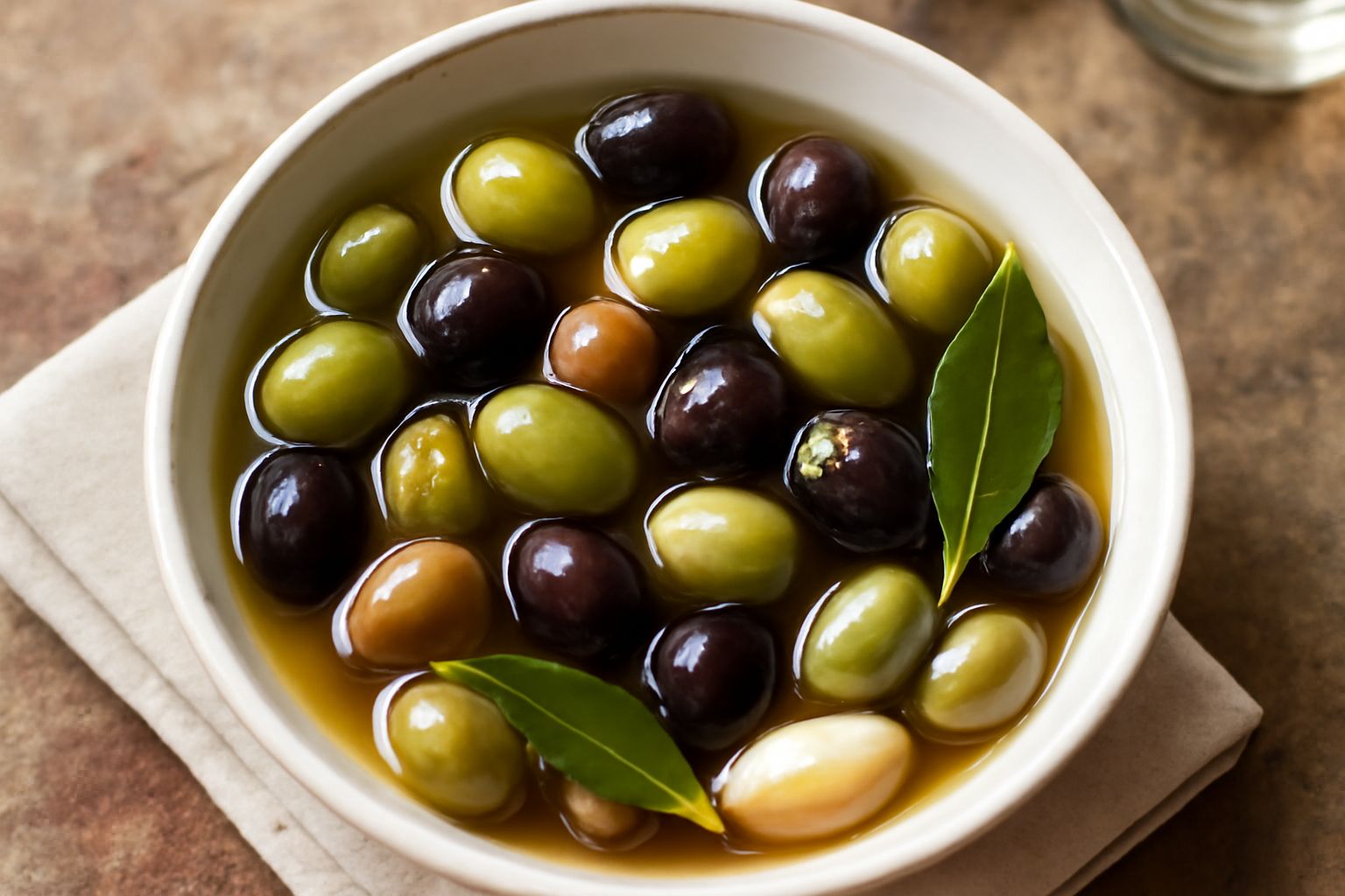 Ciotola in ceramica bianca ricolma di olive verdi e nere in salamoia, con foglie di alloro e spicchi di aglio visibili nel liquido trasparente, accanto un cucchiaio di legno