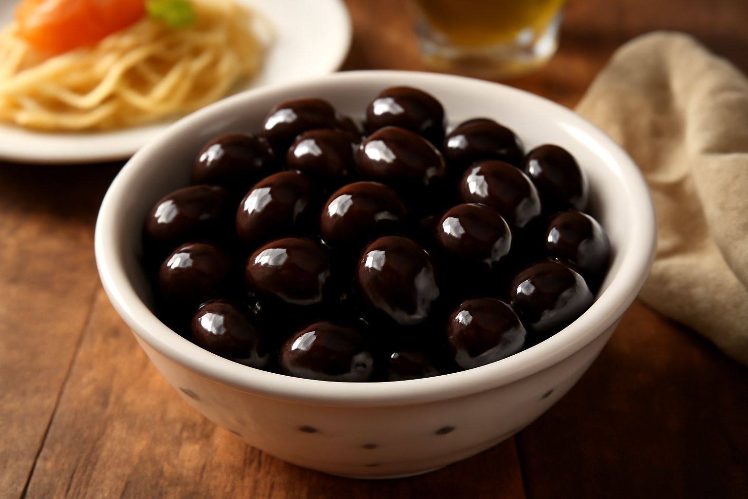 Olive nere lucide e intere in un barattolo di vetro con rametti di rosmarino, spicchi d'aglio e fettine di limone, immerse in olio trasparente