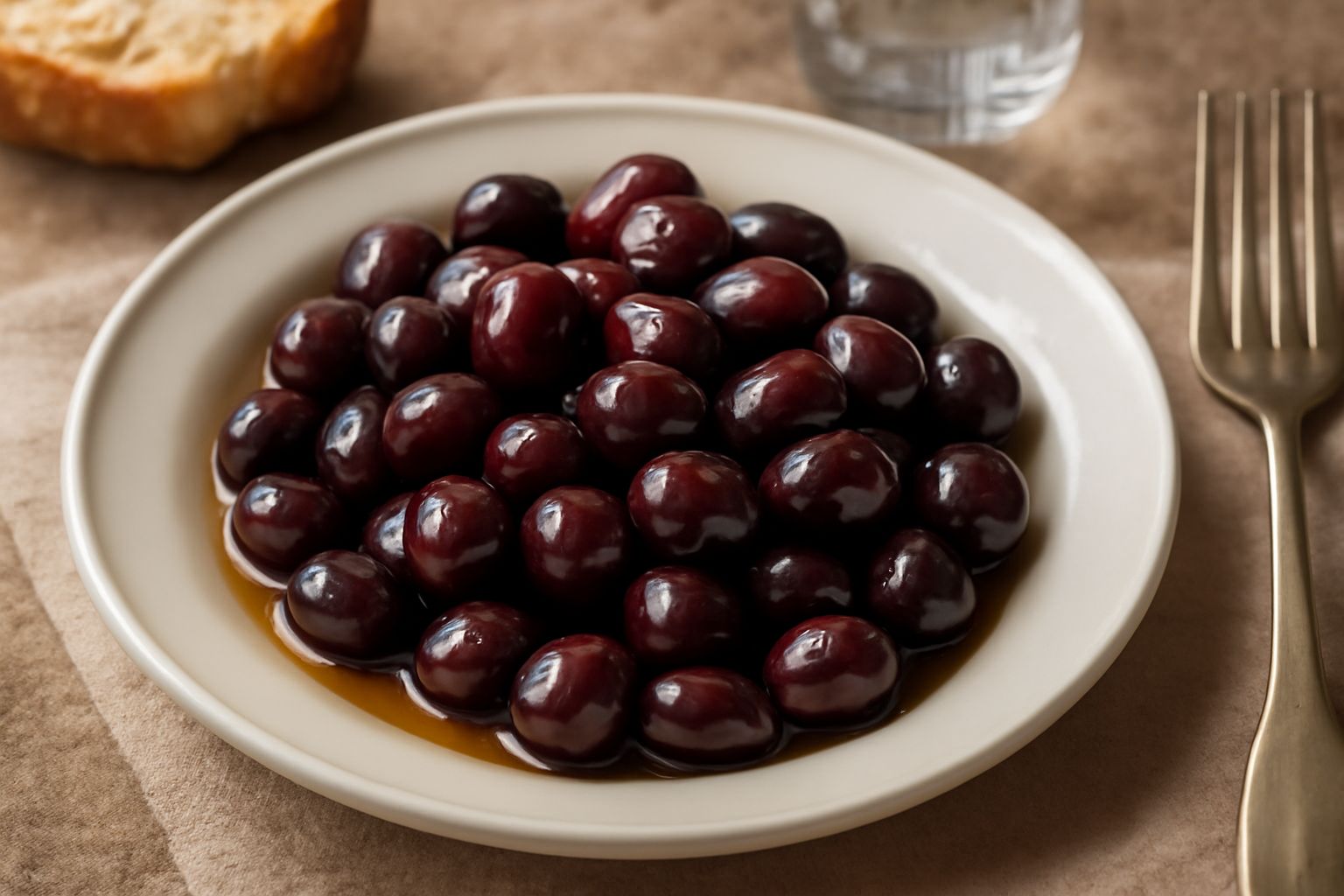 Olive nere di Gaeta in barattolo di vetro con salamoia, acqua, sale e foglie di alloro visibili, disposte su un tavolo di legno chiaro con torchon bianco