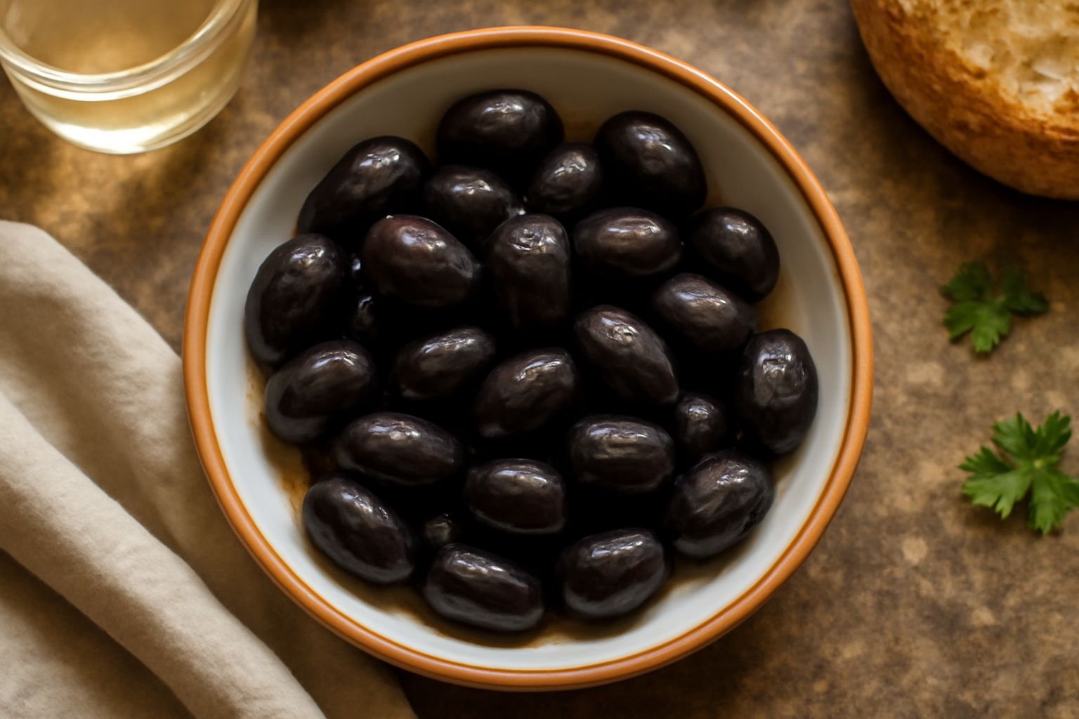 Olive nere lucchesi denocciolate in una ciotola bianca, bagnate da olio d'oliva brillante, circondate da rami di rosmarino fresco e spicchi di aglio