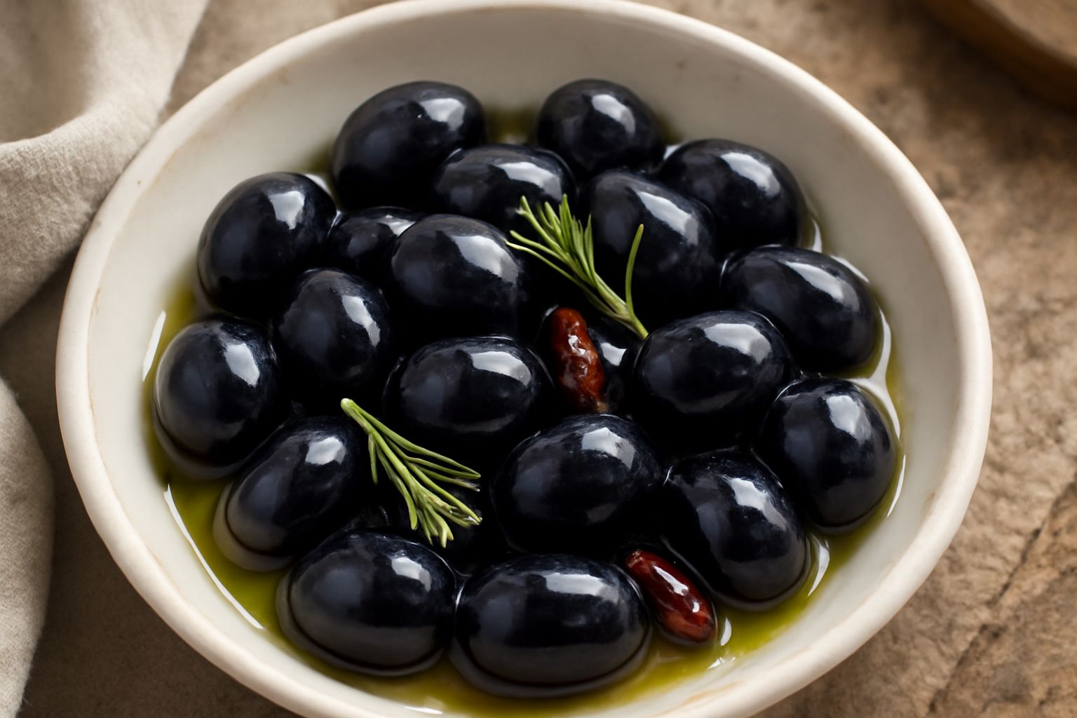 Ciotola di ceramica bianca con olive nere di Nocellara intere e denocciolate, olio verde brillante, rametti di rosmarino fresco e fette di pane tostato di fianco