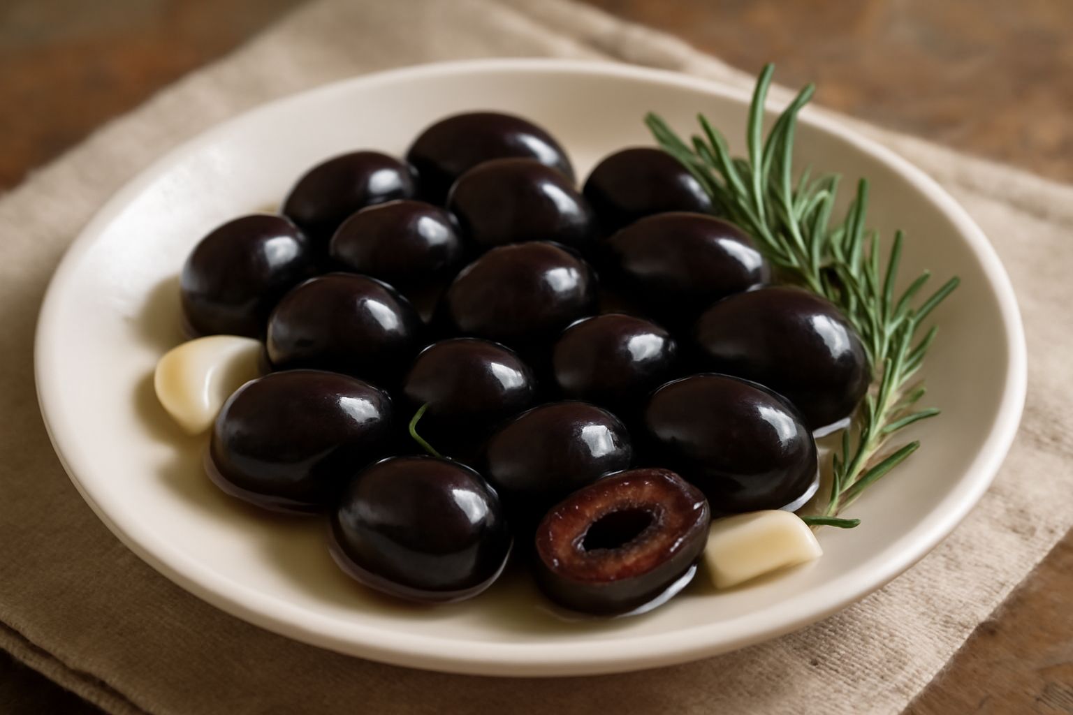 Olive nere lucide in una ciotola di terracotta con salamoia trasparente, spicchi d'aglio, rametti di rosmarino e una bottiglia di vetro sfocata sullo sfondo su un tavolo in legno