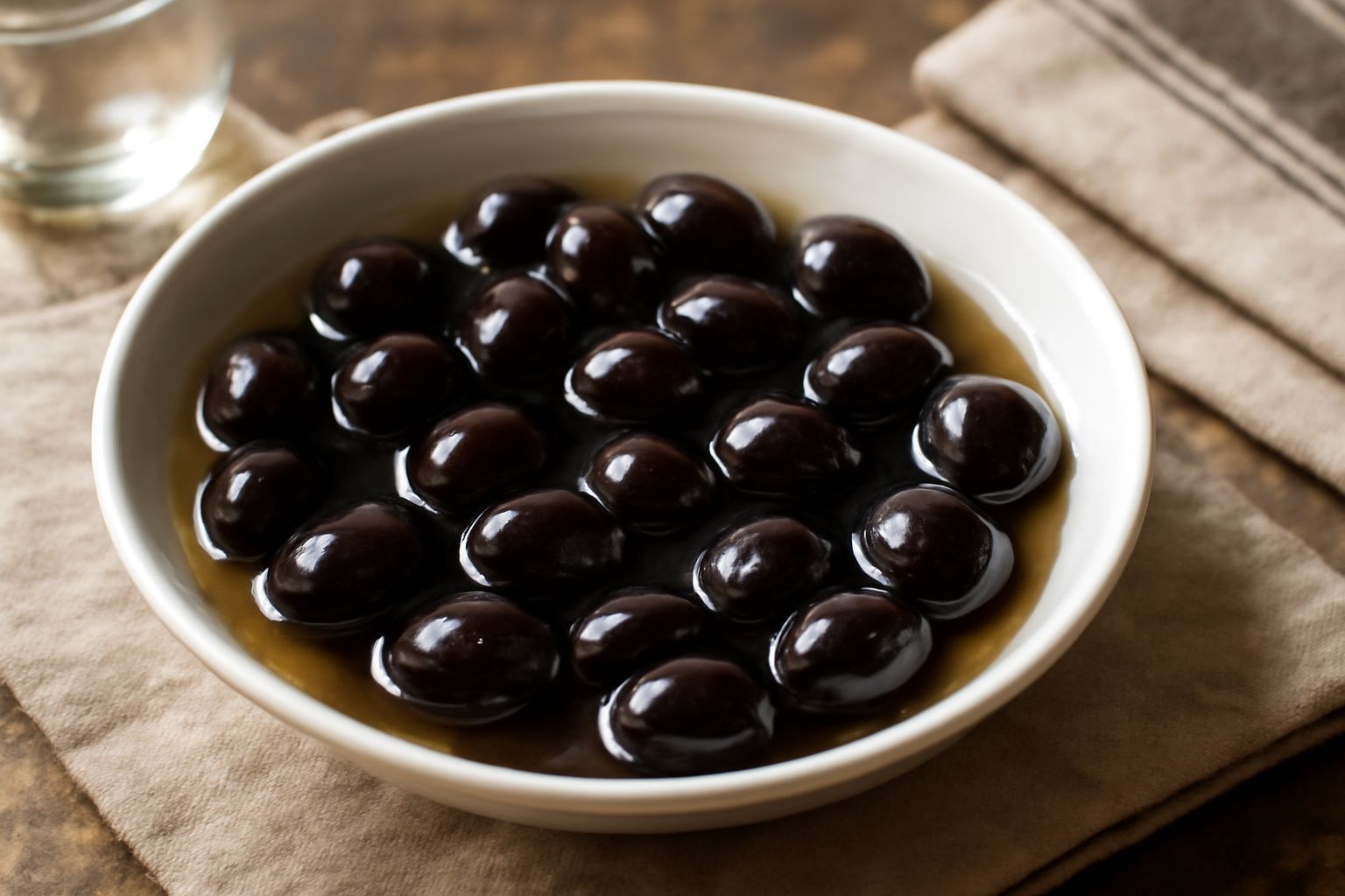 Vasetto di vetro con olive nere intere in brine trasparente, con rametto di rosmarino fresco e due olive disposte su un piattino bianco accanto al vasetto