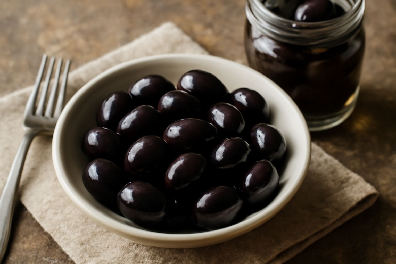 Barattolo di vetro trasparente con olive nere intere immerse in salamoia limpida, con rametti di rosmarino e spicchi d'aglio visibili nel liquido, fondo sfocato bianco