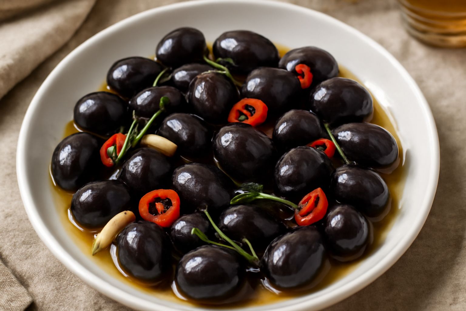 Olive nere intere in una ciotola di vetro con olio lucido, rametti di rosmarino fresco, spicchi di aglio e peperoncini rossi sparsi in superficie
