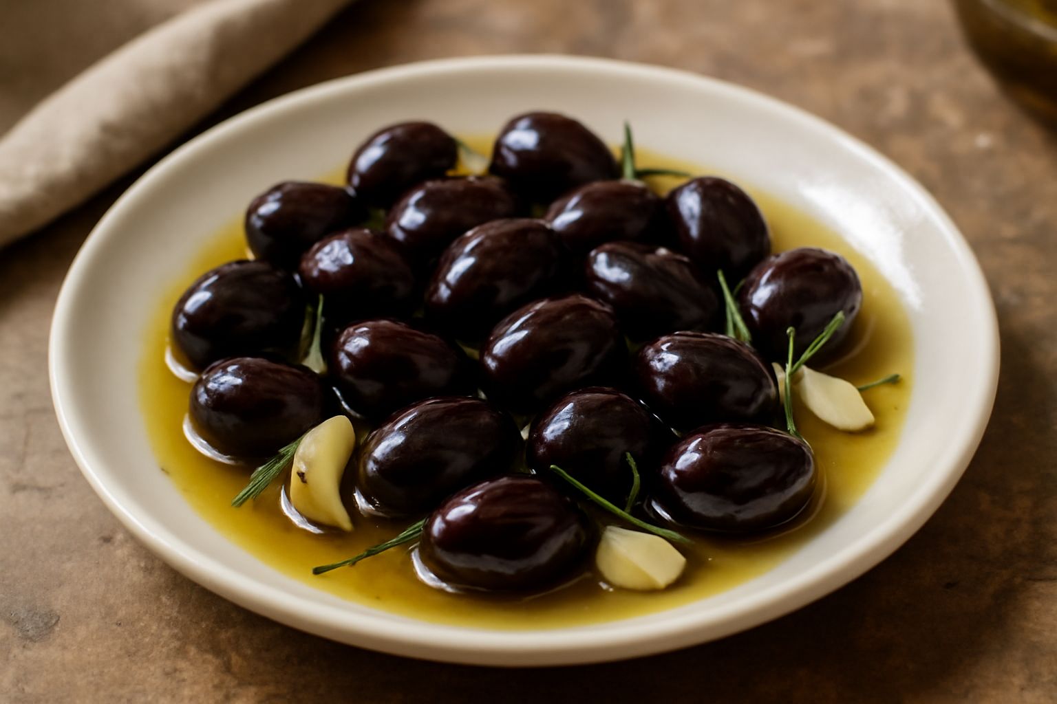 Vasetto di vetro trasparente contenente olive nere lucide immerse in olio dorato, con rametti di rosmarino fresco e spicchi d'aglio visibili tra i frutti, sfondo bianco