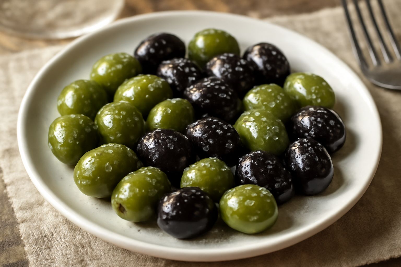 Olive verdi e nere salate in un barattolo di vetro trasparente con cristalli di sale grosso visibili sulla superficie, su uno sfondo neutro in luce naturale