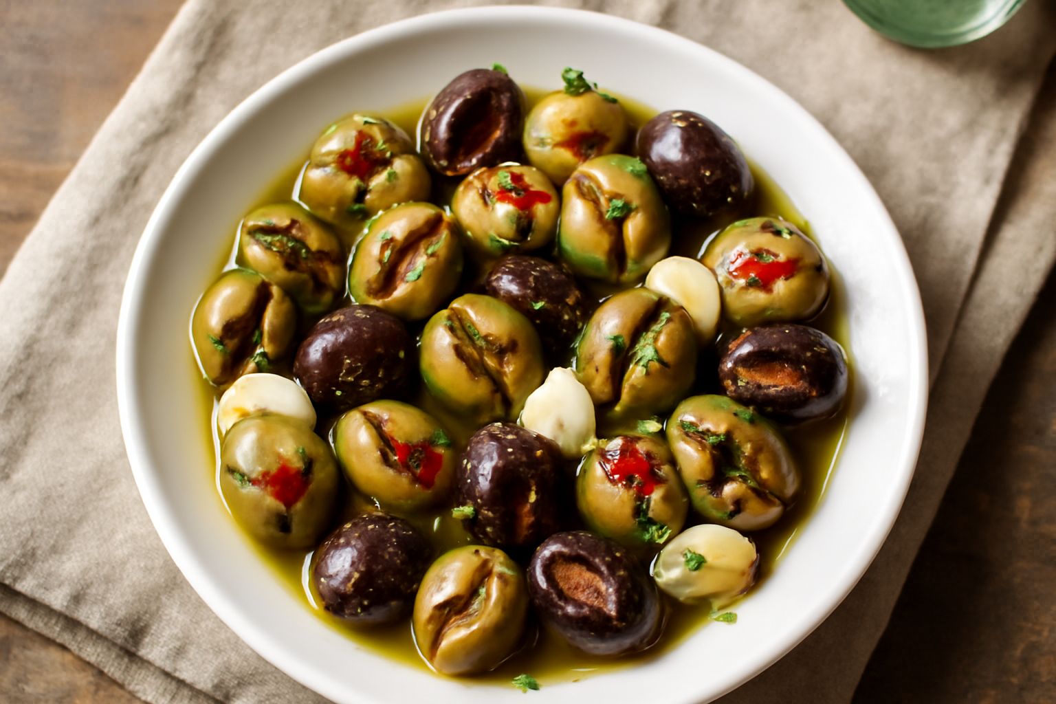 Olive nere schiacciate in una ciotola bianca, condite con spicchi di aglio, fettine di peperoncino rosso e olio dorato, su un fondo grigio chiaro