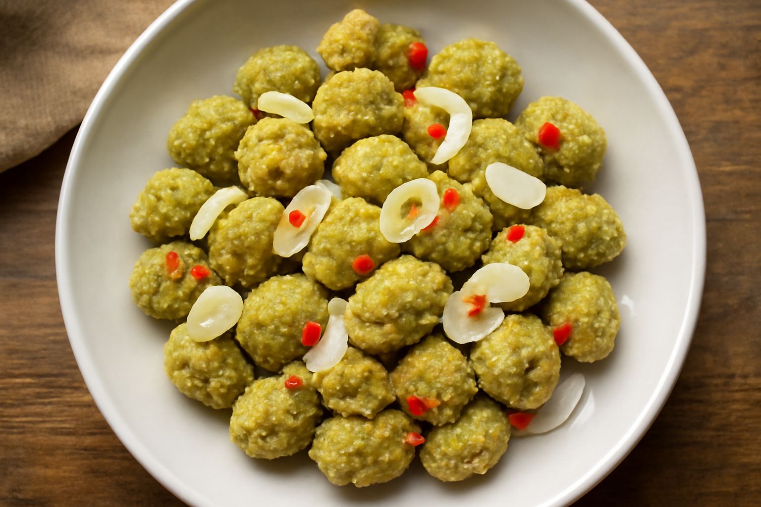 Ciotola di ceramica bianca con olive verdi schiacciate, rivestite di aglio bianco affettato e peperoncino rosso fresco, su sfondo di tessuto naturale color panna