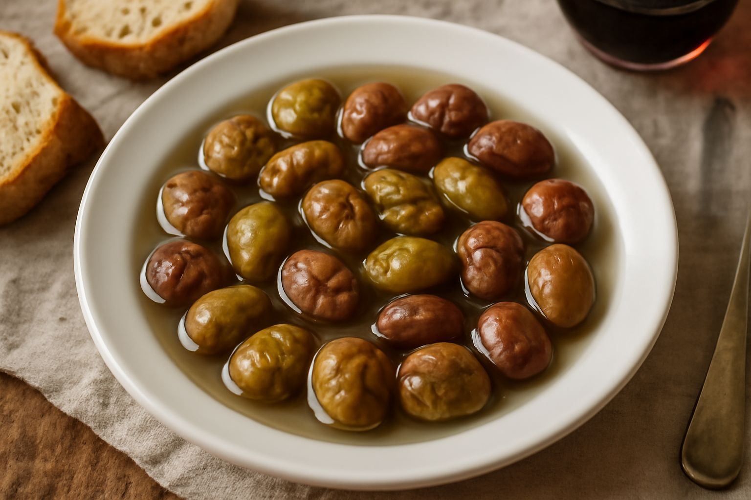 Ciotola di ceramica bianca piena di olive schiacciate scure, leggermente rimpicciolite, immerse in salamoia trasparente con foglie di rosmarino fresco e fettine di limone giallo, su un tavolo di legno