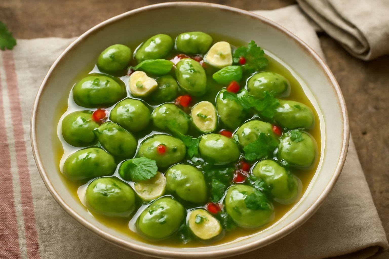 Olive verdi schiacciate in una ciotola di vetro trasparente, coperte da un liquido dorato con fettine di limone, spicchi d'aglio visibili e foglie di prezzemolo fresco sparse in superficie