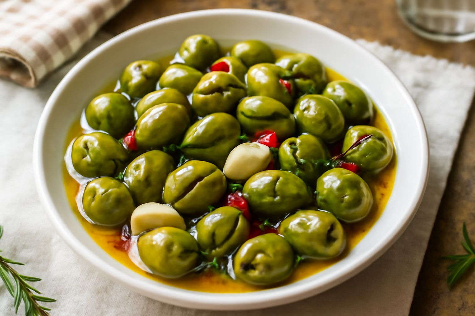 Barattolo di vetro trasparente pieno di olive verdi schiacciate immerse in olio dorato, con aglio spicchi, peperoncino rosso e rametti di rosmarino visibili, su sfondo bianco con spugna di lino beige