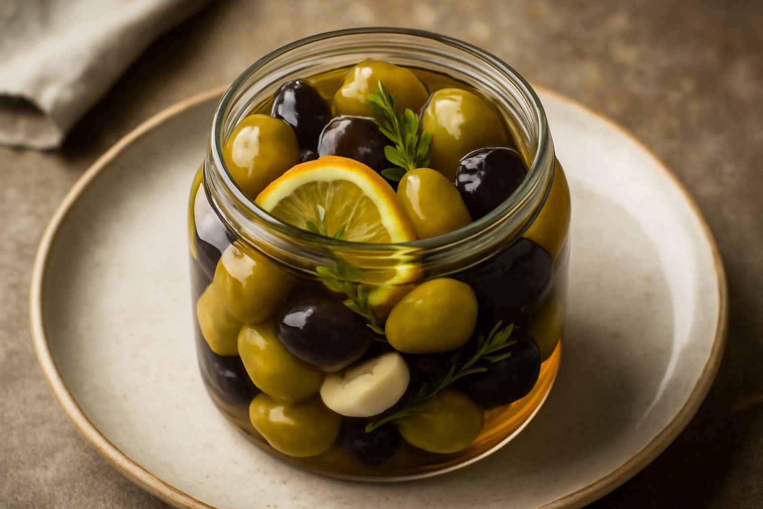 Vasetto di vetro con olive verdi sottaceto, aceto trasparente, fette di limone e rametti di rosmarino all'interno, su un piano di marmo bianco