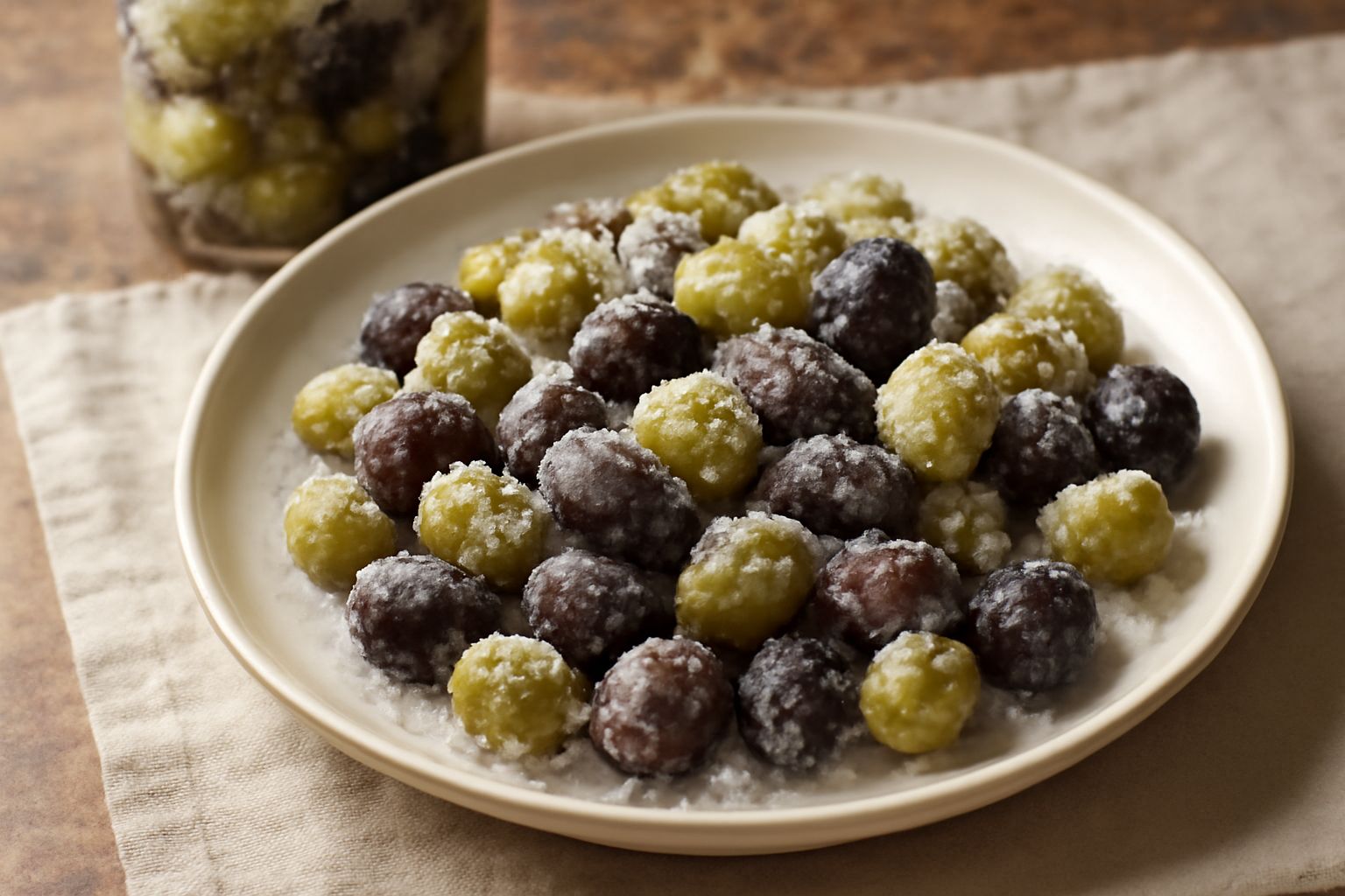 Olive verdi e nere sotto sale grosso in un vaso di vetro trasparente, con cristalli di sale visibili tra i frutti e liquido torbido, su fondo di legno chiaro